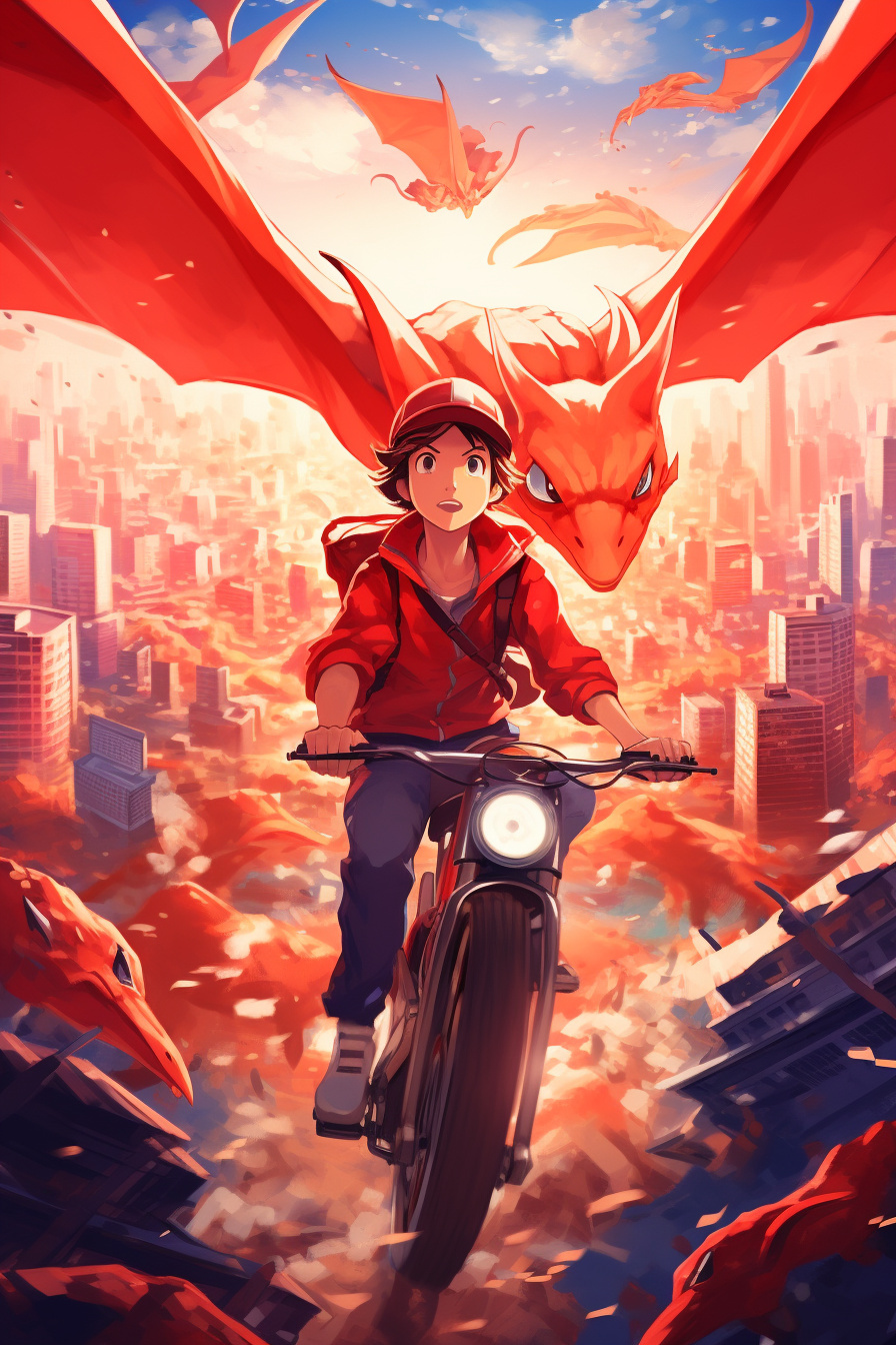 Trainer Red gaming, Fire-type partner, Draconic ally, Urban panorama, Radiant hues, HD Phone Image