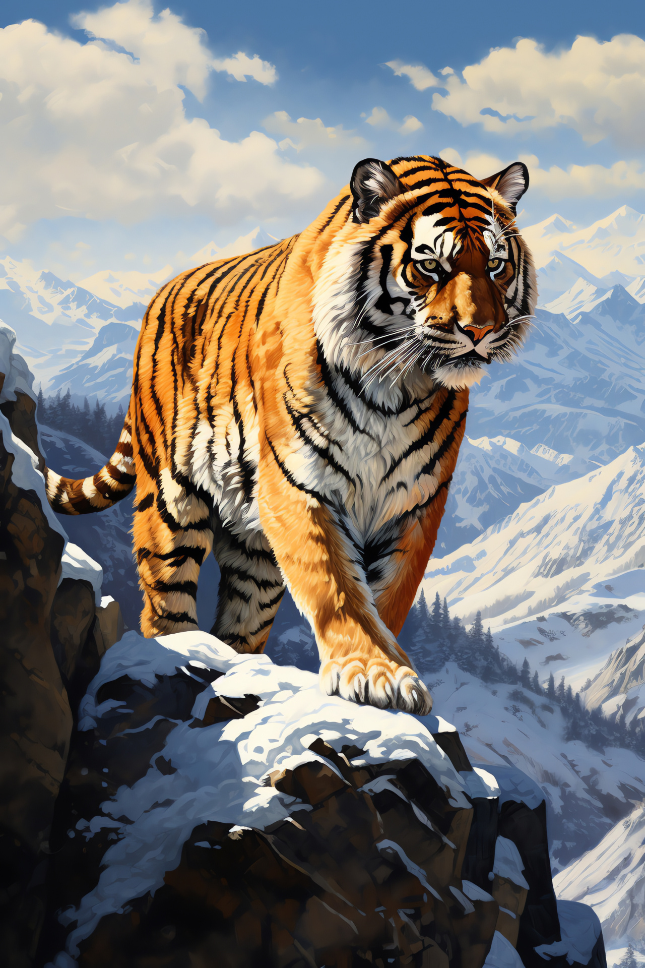 Majestic snow tiger, mountaintop predator, infinity stripe pattern, extended fur, Asian altitude terrain, HD Phone Wallpaper