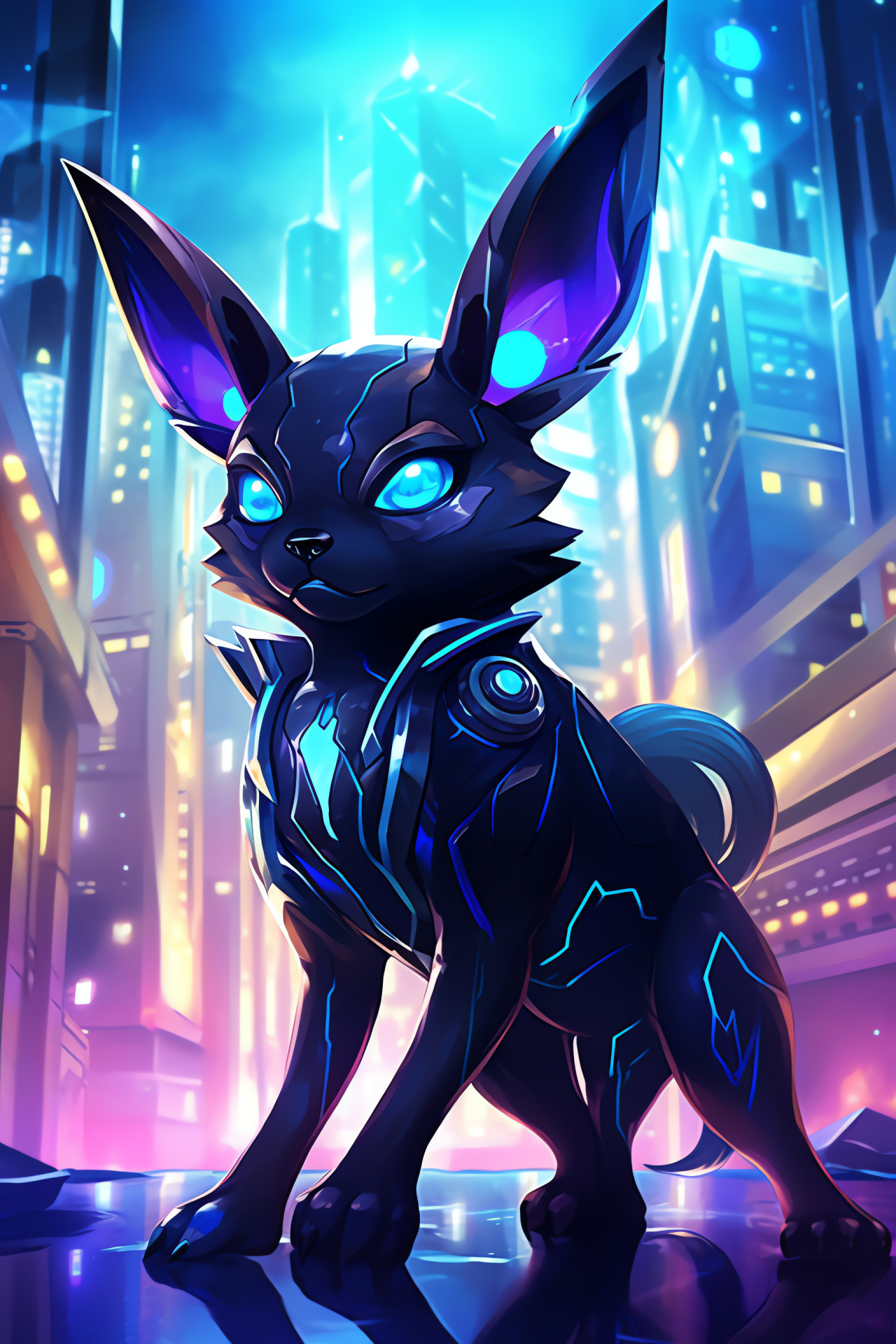 Digital Shiny Umbreon, Neon light swirls, Cityscape ambiance, Dark-furred Pokemon, Technological metropolis, HD Phone Wallpaper