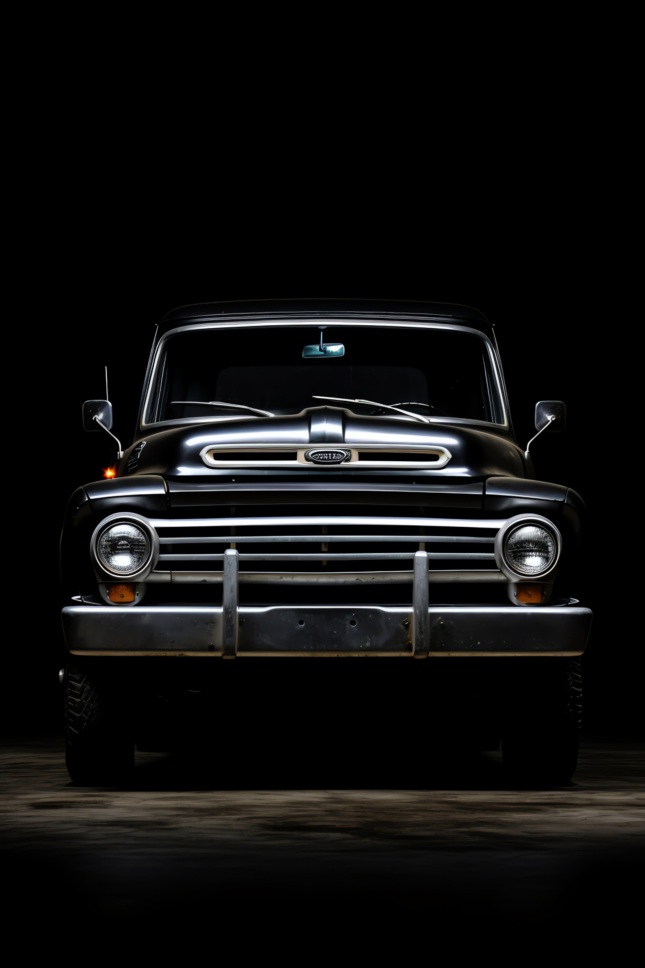 Ford F-350 classic, Broadened vehicular angle, Jet-black paint, Monochromatic setting, Robust truck form, HD Phone Wallpaper