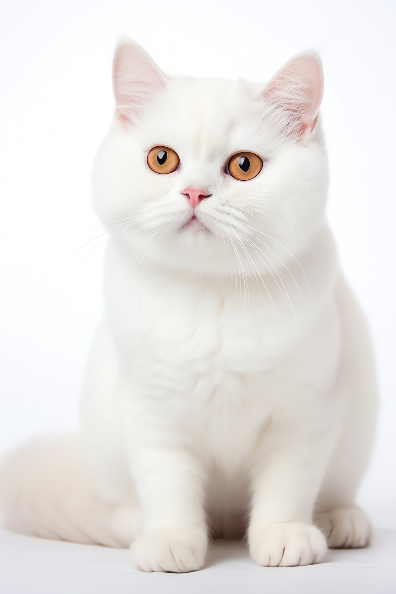 Snowy domestic cat, Russet-eyed feline, Plush furry texture, Solitary ivory backdrop, Snug pet appearance, HD Phone Image