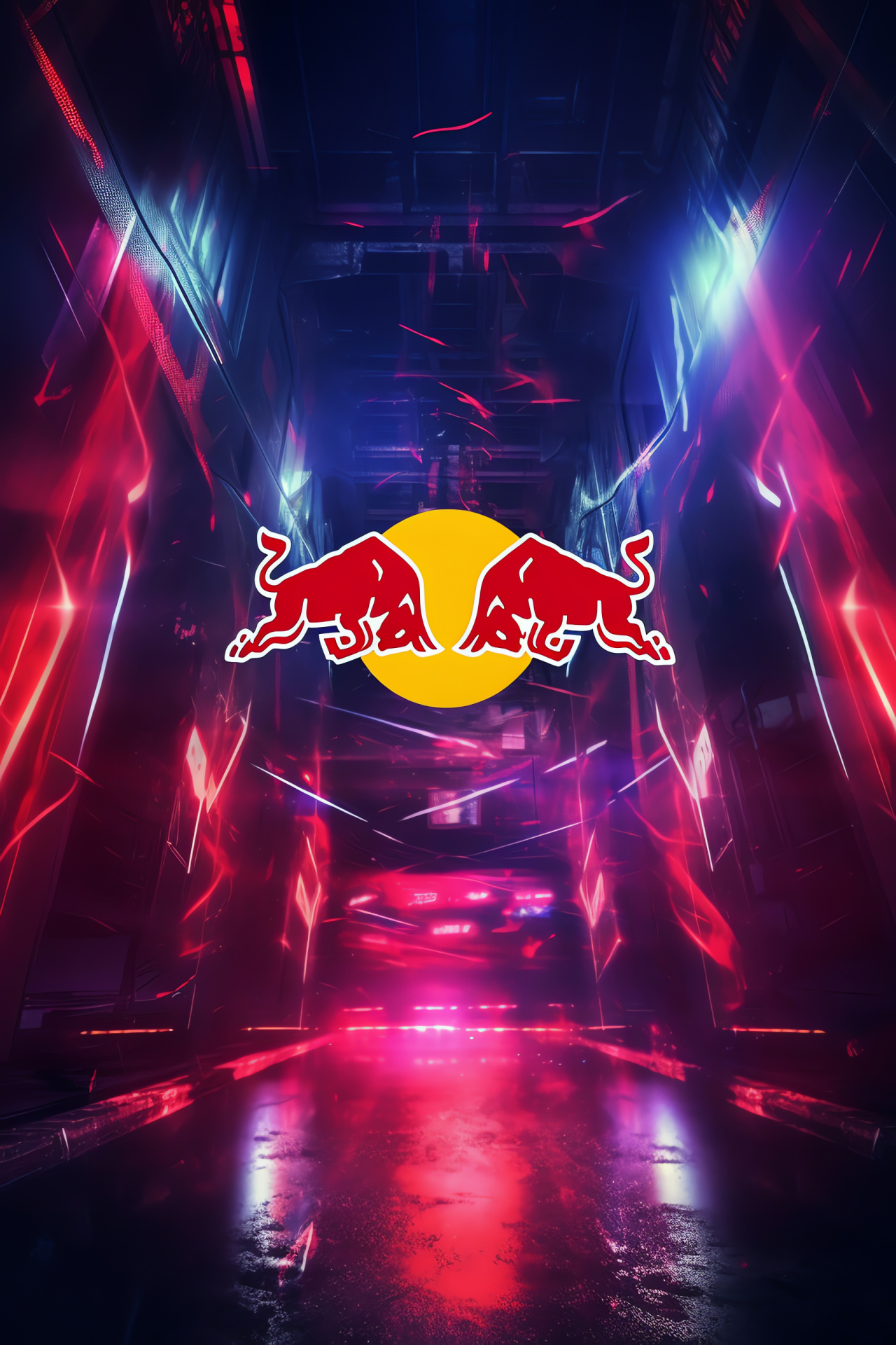 Red Bull insignia, Iconic bull, Neon illumination, Electric red, Movement, HD Phone Image