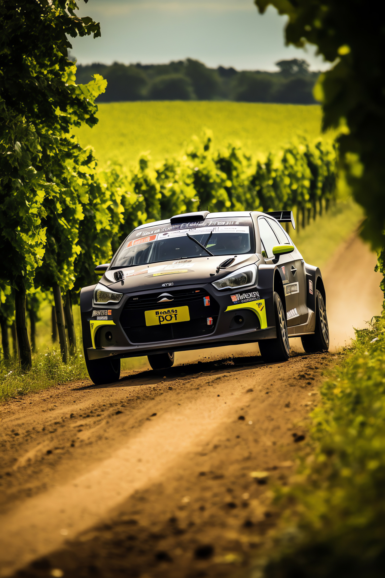 Rallye Deutschland Auto, vineyard race path, dynamic rally scene, auto racing precision, green grapevines, HD Phone Wallpaper