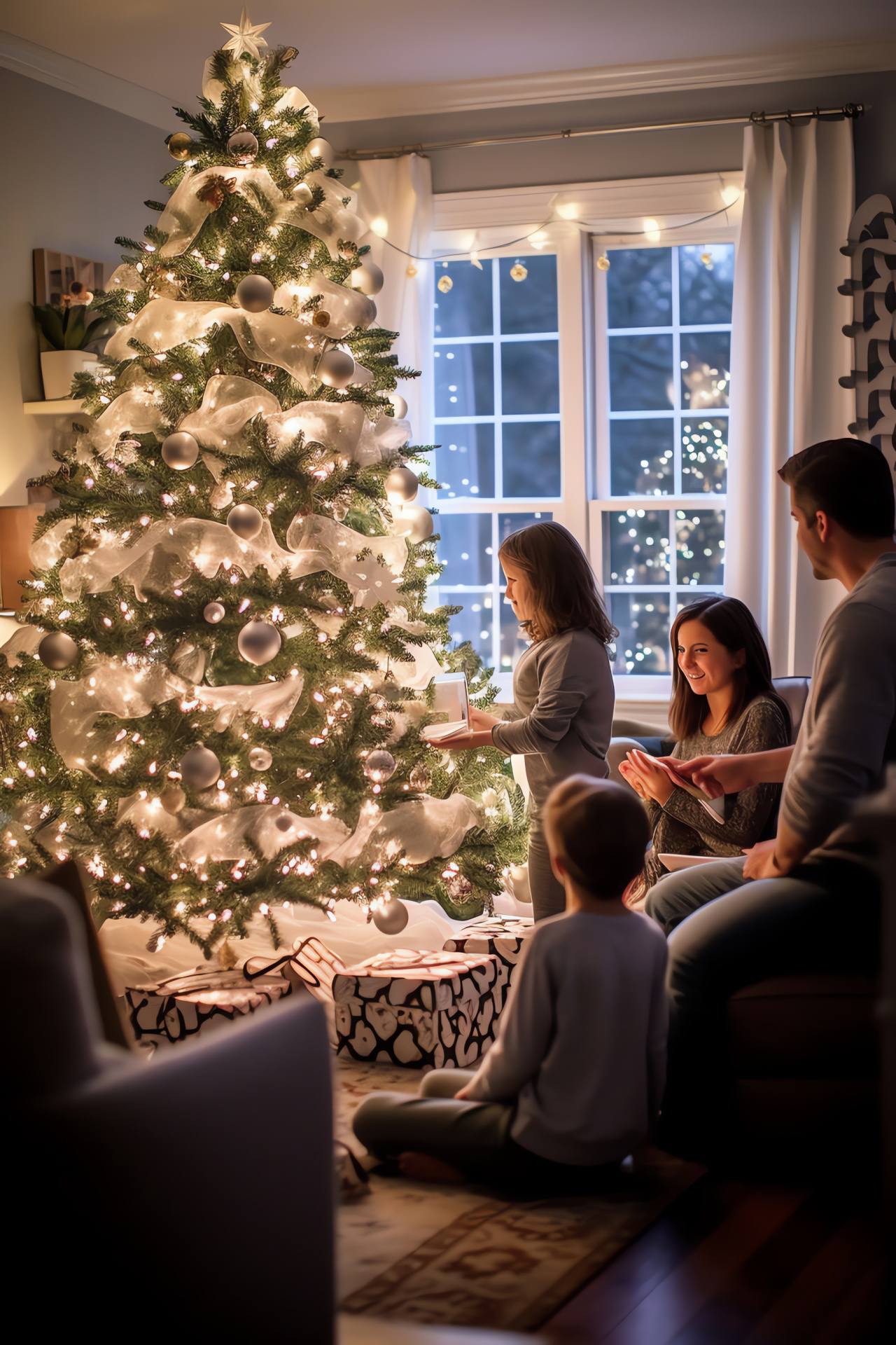 Festive indoor pine tree, Domestic holiday setting, Lighted yuletide decorations, Glimmering frost adornments, Seasonal family time, HD Phone Wallpaper