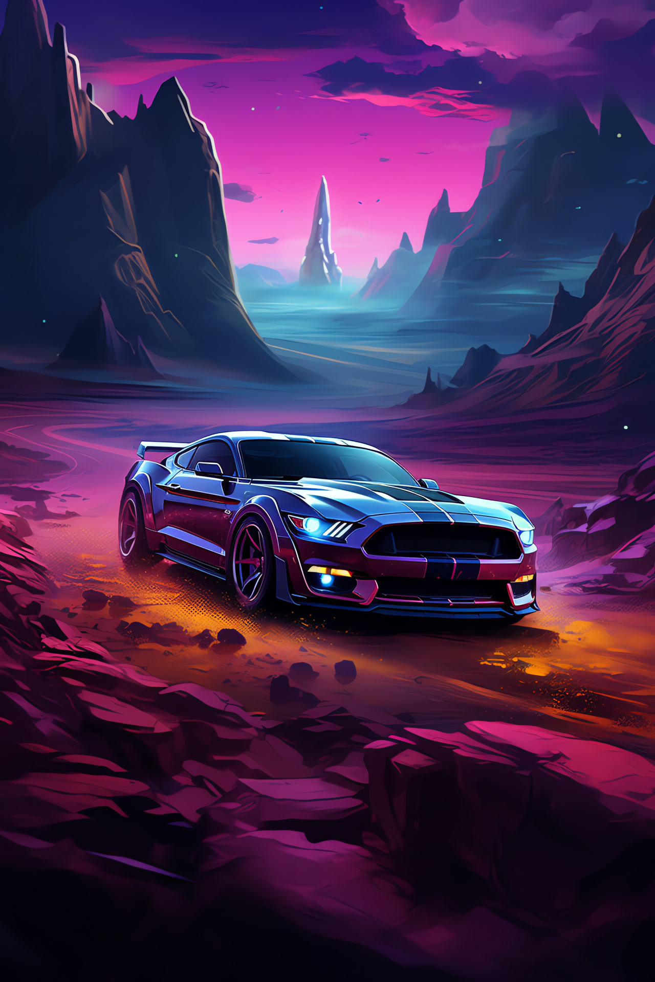 Ford Mustang GT350, futuristic style, dreamlike scape, neon city lights, cyberpunk inspiration, HD Phone Image