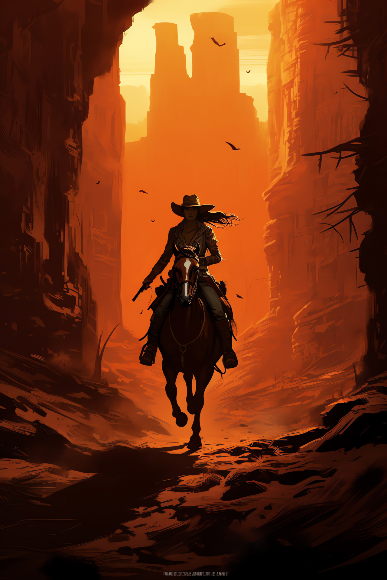 Rugged Sadie Adler depiction, Gunslinger profile, Dusty canyon surrounding, Horseback silhouette, Red Dead Redemption theme, HD Phone Wallpaper