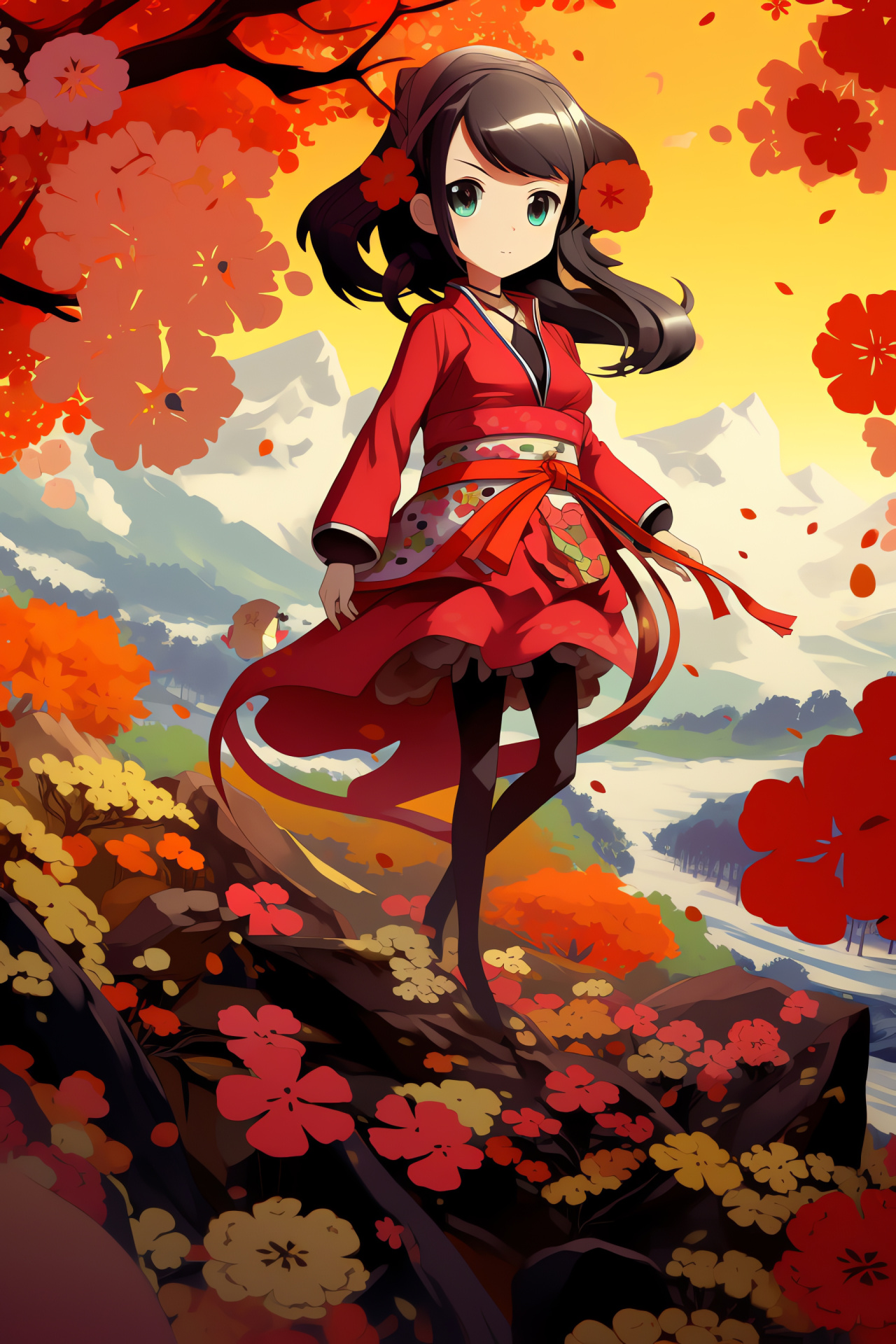 Persona Q, Shrine maiden Yukiko, RPG cliff-side scene, Inaba's Greenery, Fantasy gaming, HD Phone Wallpaper