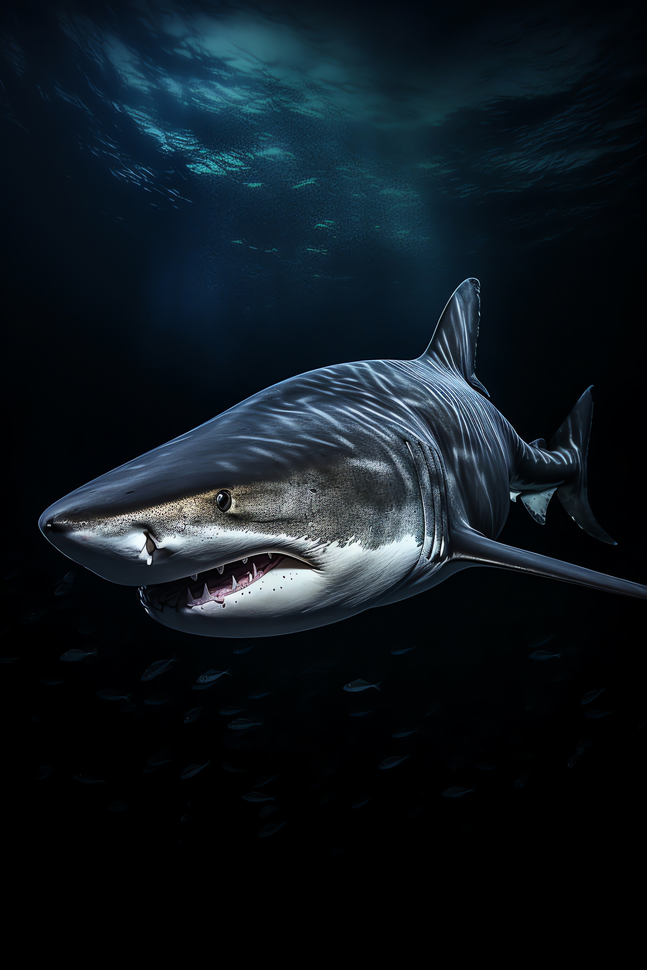 Tiger Shark, Marine patrol, Gray shark skin, Black backdrop, Ocean dweller, HD Phone Wallpaper