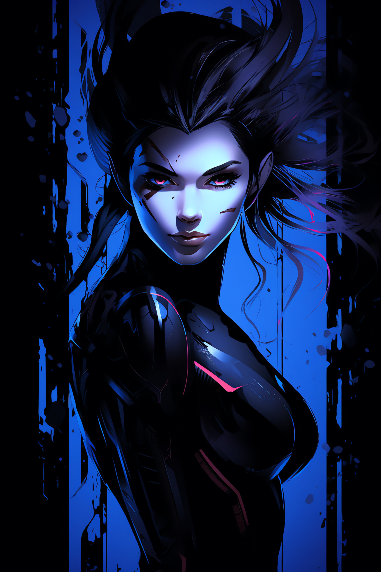 Stealthy Widowmaker, Deadly femme fatale, Topaz-hued gaze, Cobalt epidermis, Combat prowess, HD Phone Image