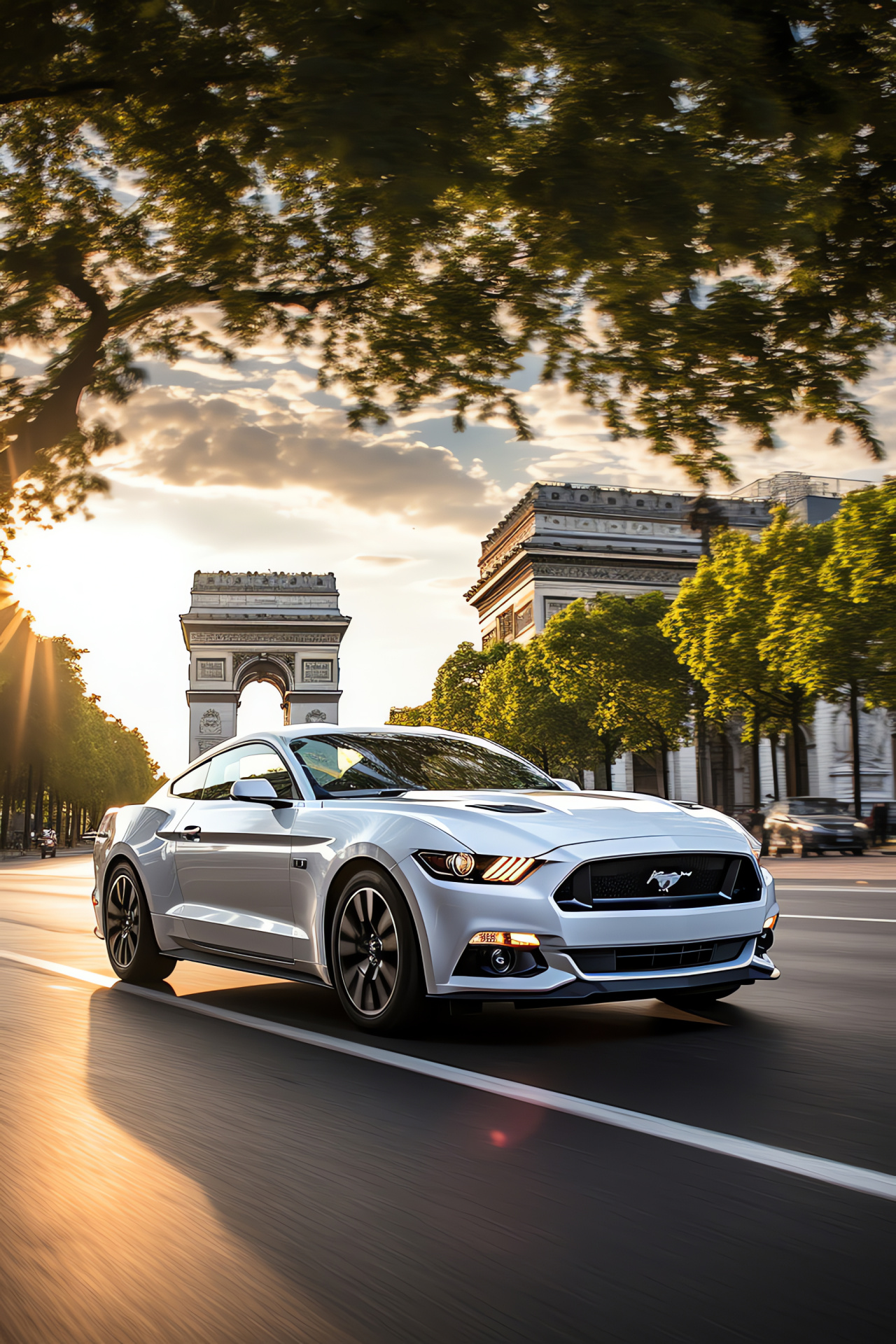 Ford Mustang HD, Parisian elegance, Champs-lyses avenue, iconic Arc de Triomphe, automotive style, HD Phone Wallpaper