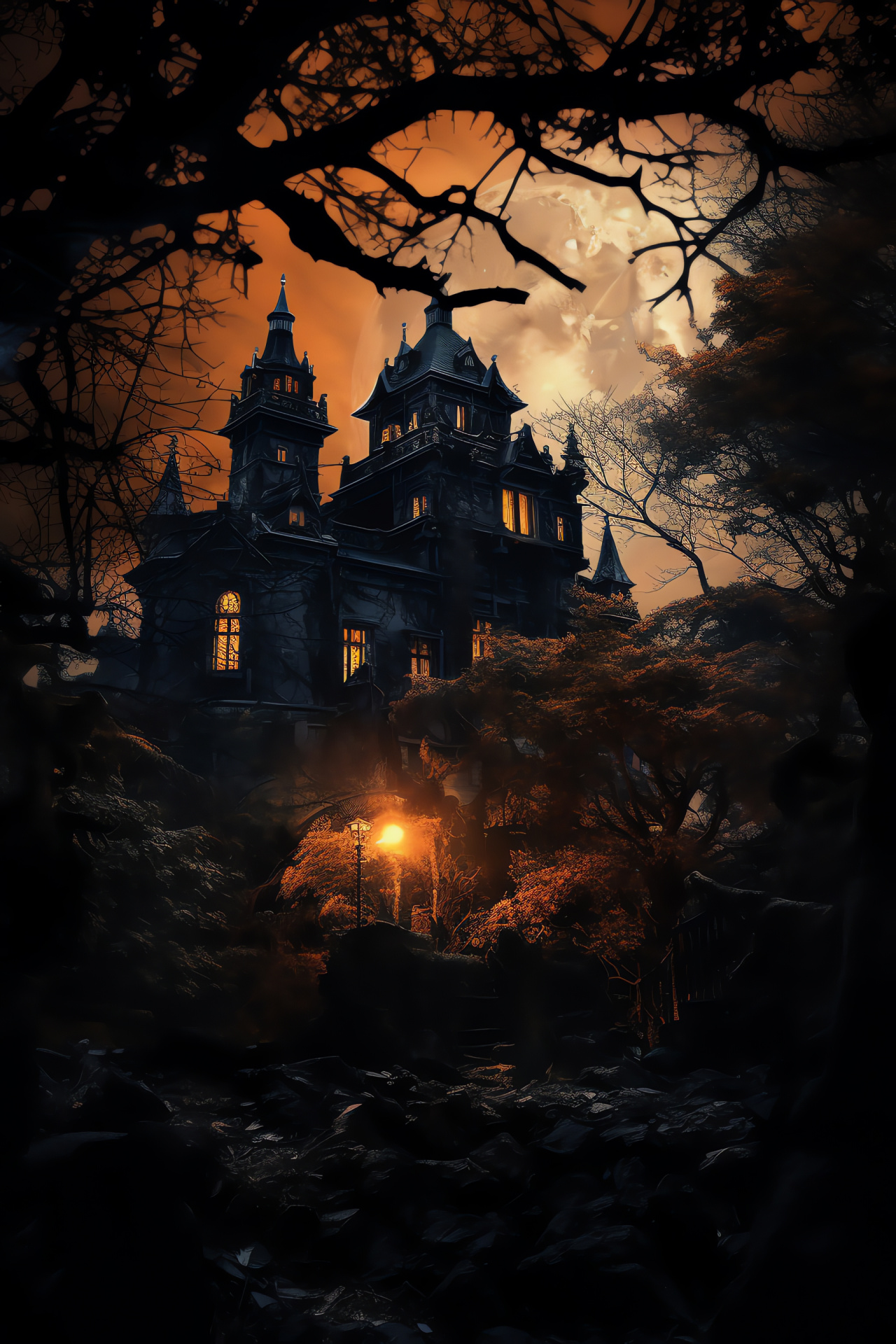 Haunted castle allure, Halloween full moon, creepy hillside setting, green-tinged spectral glow, folklore scene, HD Phone Wallpaper