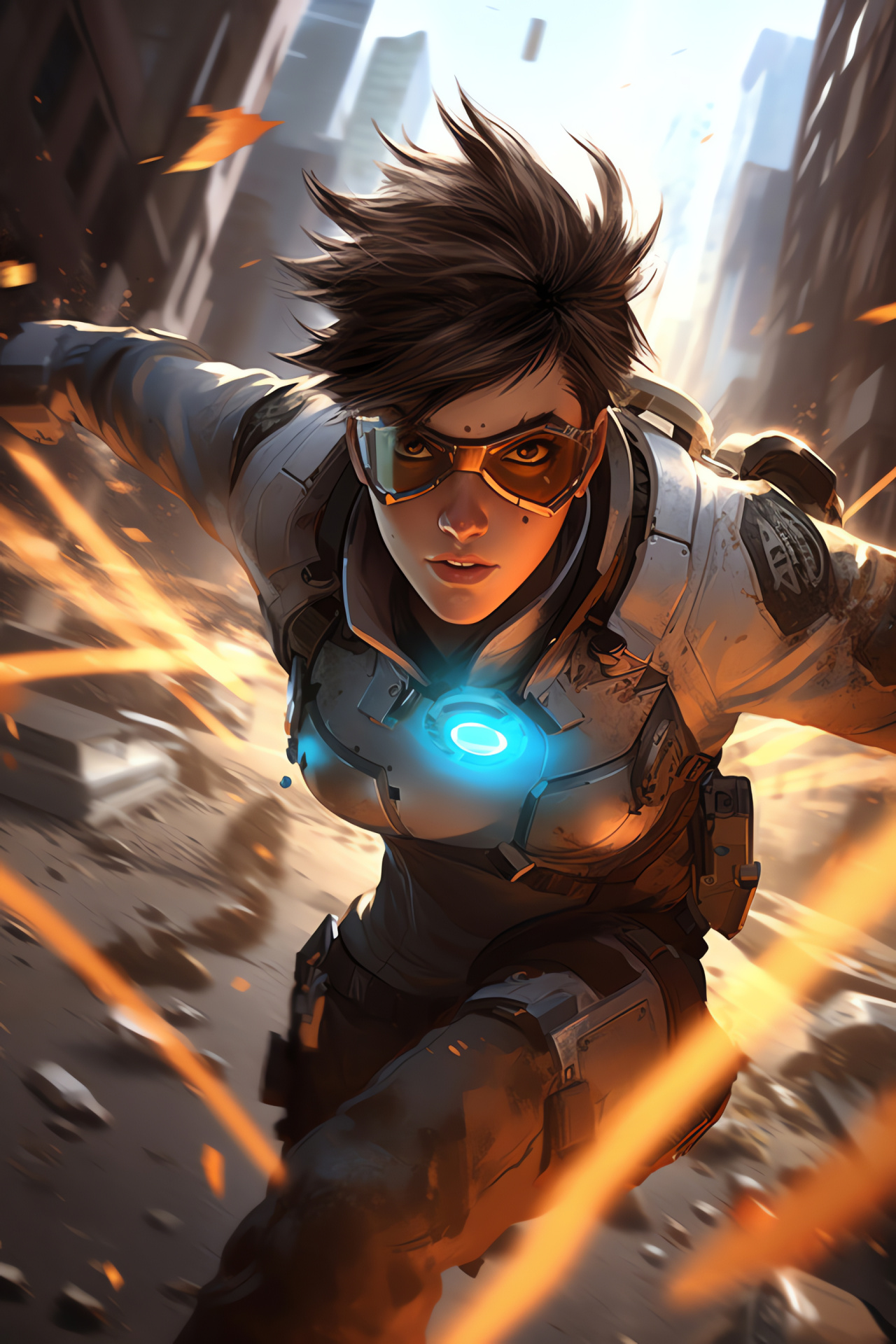 Overwatch game Tracer, Time warp skill, Heroic battleground, Post-apocalyptic scene, Online multiplayer, HD Phone Wallpaper