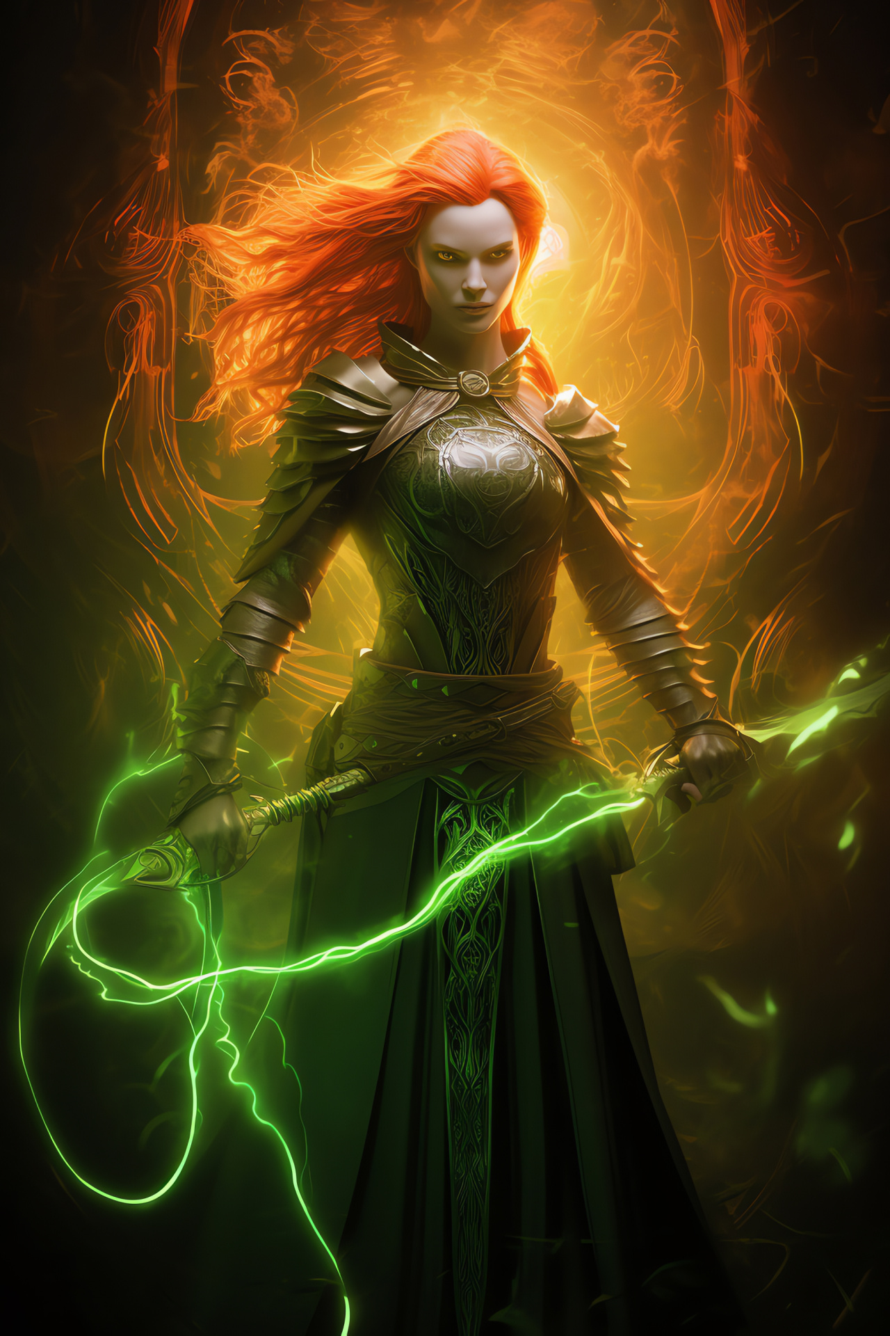 Fantasy role-playing game, Neverwinter Nights hero, Epic character design, Magic-infused appearance, Fiery red hair, HD Phone Wallpaper