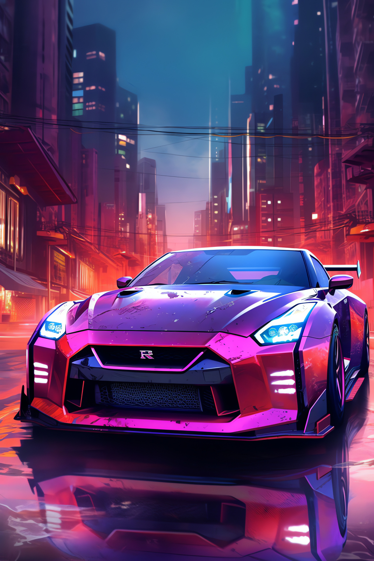 Nissan GT-R Nismo, High-speed performance, Urban night race, Futuristic setting, Advanced aerodynamics, HD Phone Image