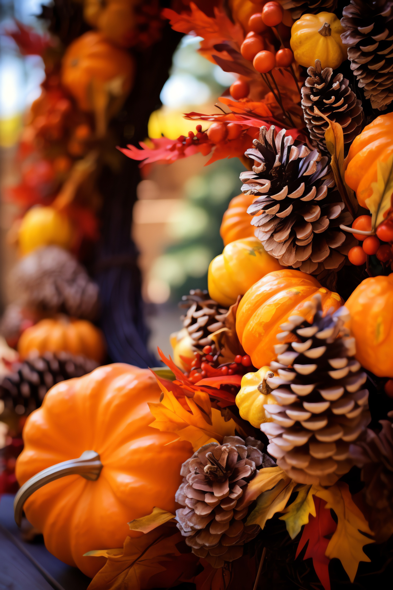 Festive holiday greeting, Seasonal botanical ring, House entry, Preserved oak foliage, Conifer cone accents, HD Phone Image