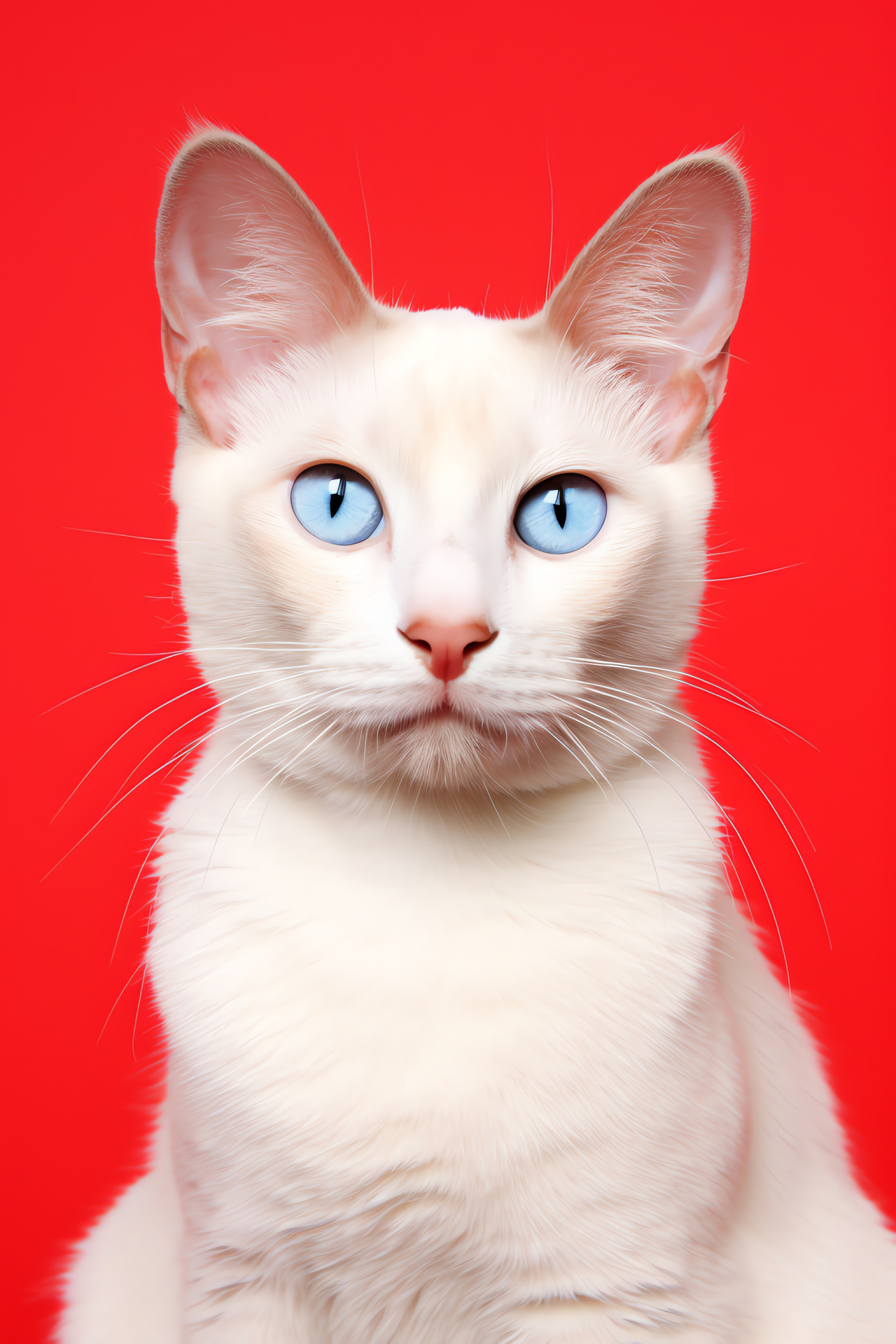 Blue-eyed White Cat, Cat breed, Sleek feline coat, Intense red contrast, Cat's gaze, HD Phone Image