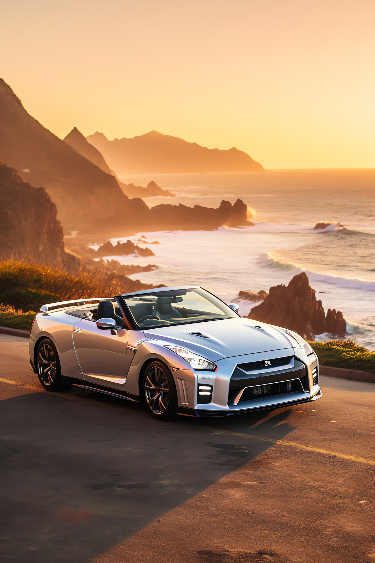 Nissan GTR R35, Sports Car Convertible, California Coast, Silver Paint, Automotive Luxury, HD Phone Wallpaper