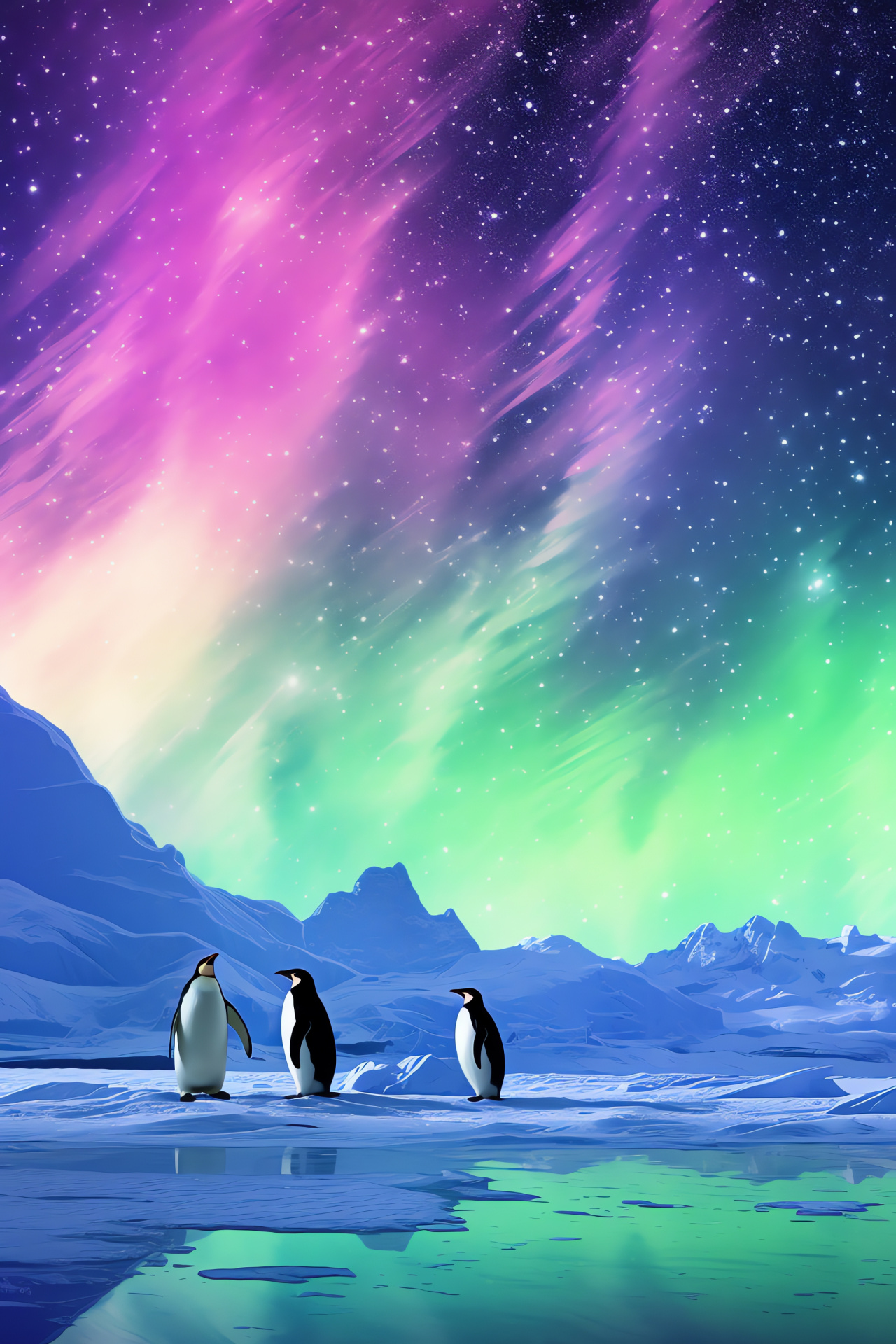 Emperor Penguins, Antarctic birds, frigid landscape, icy natural habitat, celestial aurora phenomenon, HD Phone Wallpaper