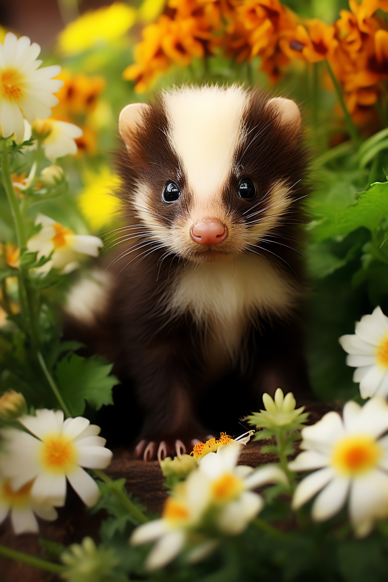 Juvenile skunk, Soft mammal fur, Warm animal gaze, Natural woodland creature, Camouflage markings, HD Phone Wallpaper