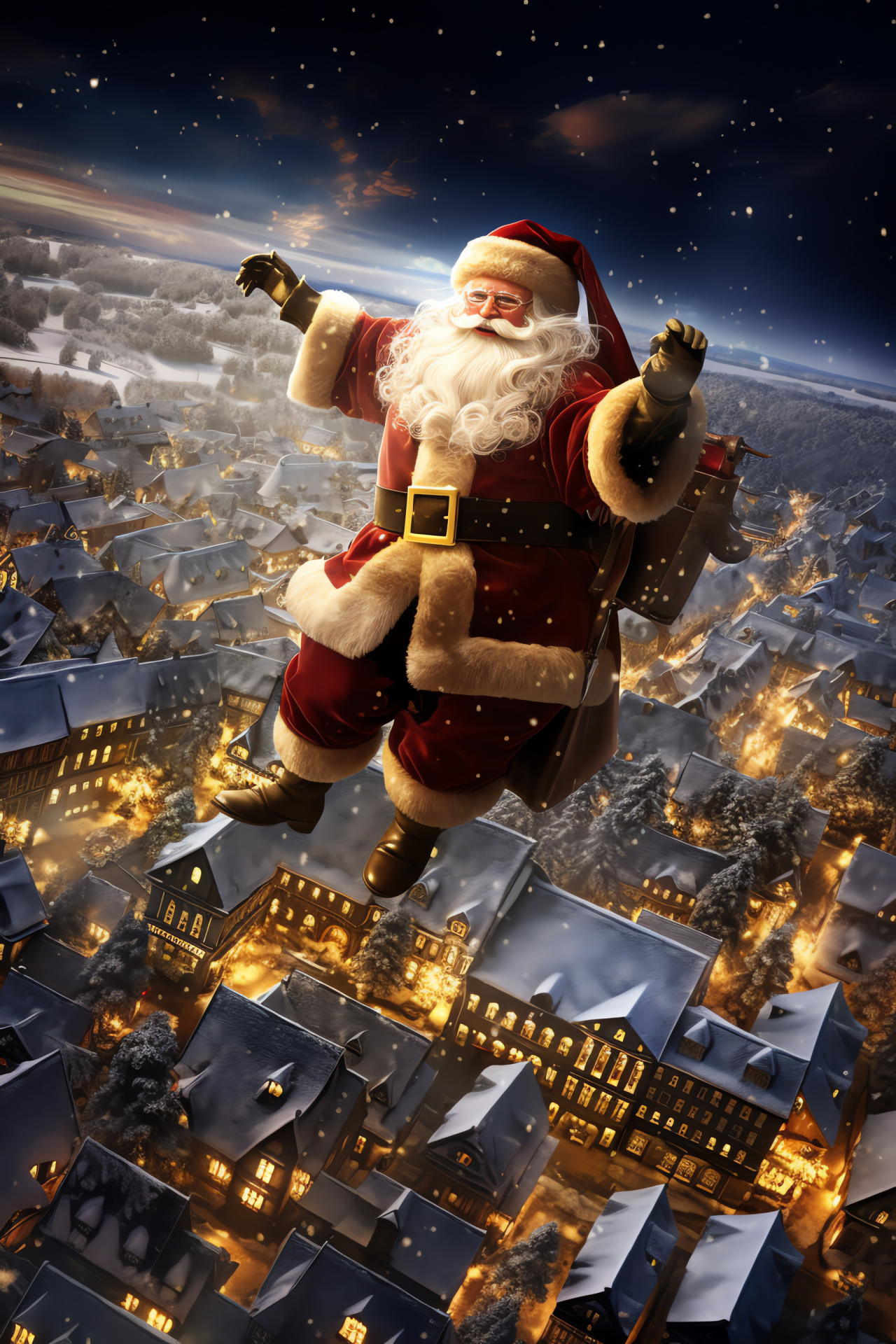 Santa Claus nocturnal flight, Snowy urban scape, Festive illumination twinkle, Holiday rooftops glimmer, Yuletide trimmings, HD Phone Wallpaper