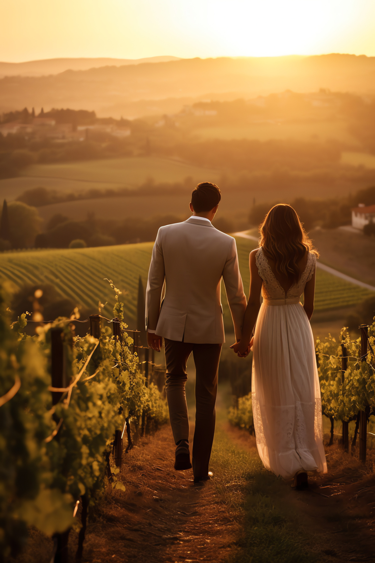 Matrimony milestone, United pair, Italian countryside, Rustic landscape, Cultivated grapes, HD Phone Image