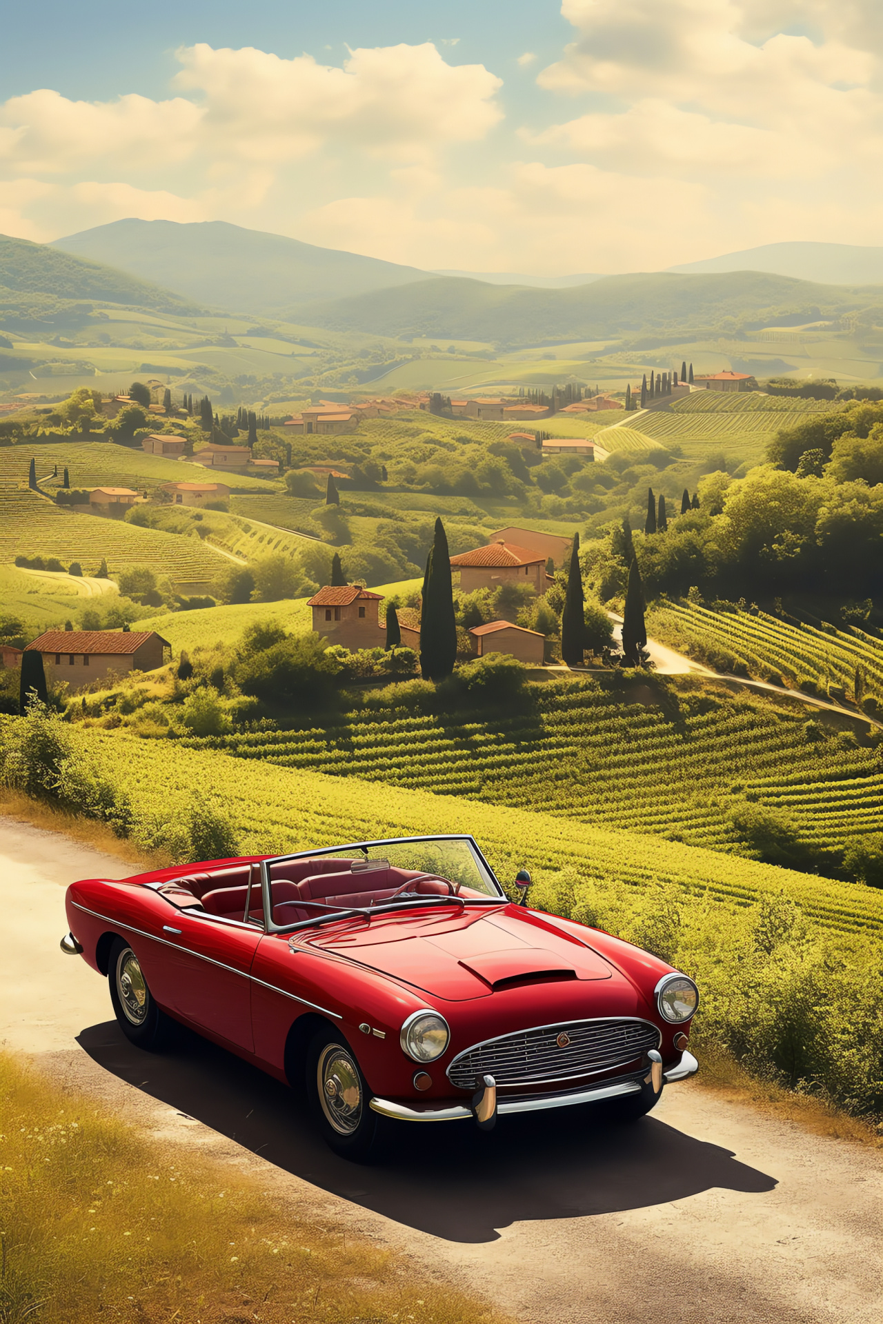 Italian convertible, Scenic countryside, Red sports car, Open road driving, Vineyard landscape, HD Phone Wallpaper