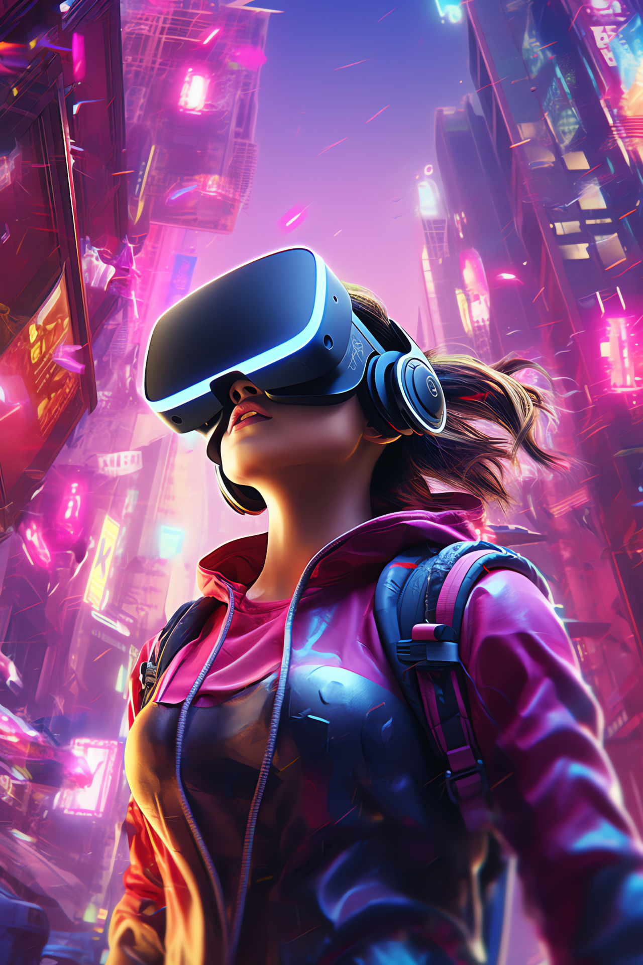 Futuristic VR gaming, Cityscape simulation, Immersive VR device, Gamer's motion accessories, Virtual exploration, HD Phone Wallpaper