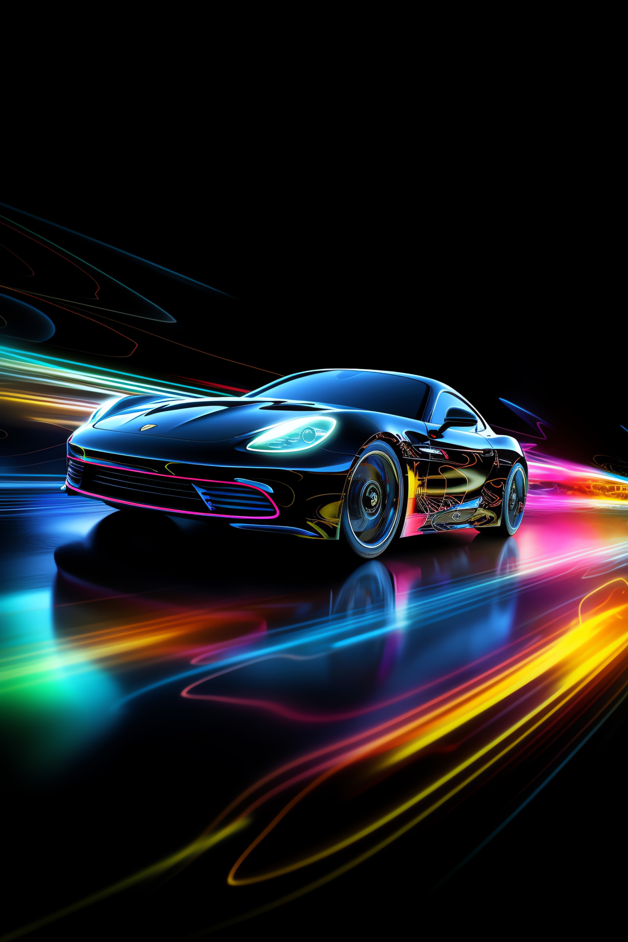 Shiny neon car, pitch-black environment, wide-angle expanse, glowing sophistication, lively shades, HD Phone Wallpaper