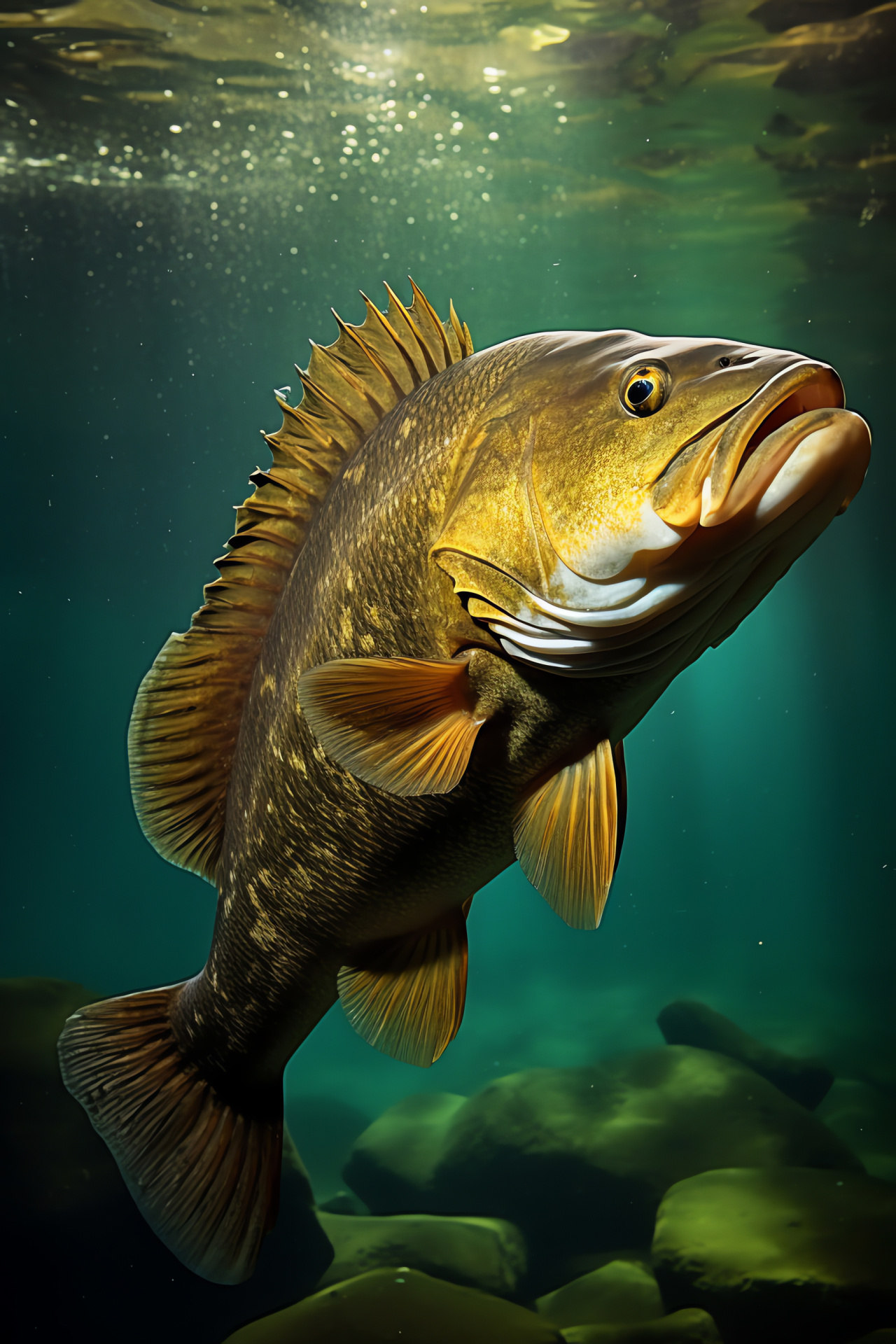 Smallmouth Bass fish, Yellow-eyed fresh water species, Brown green aquatic colors, Gold shimmer fish, Mountainous water body, HD Phone Image