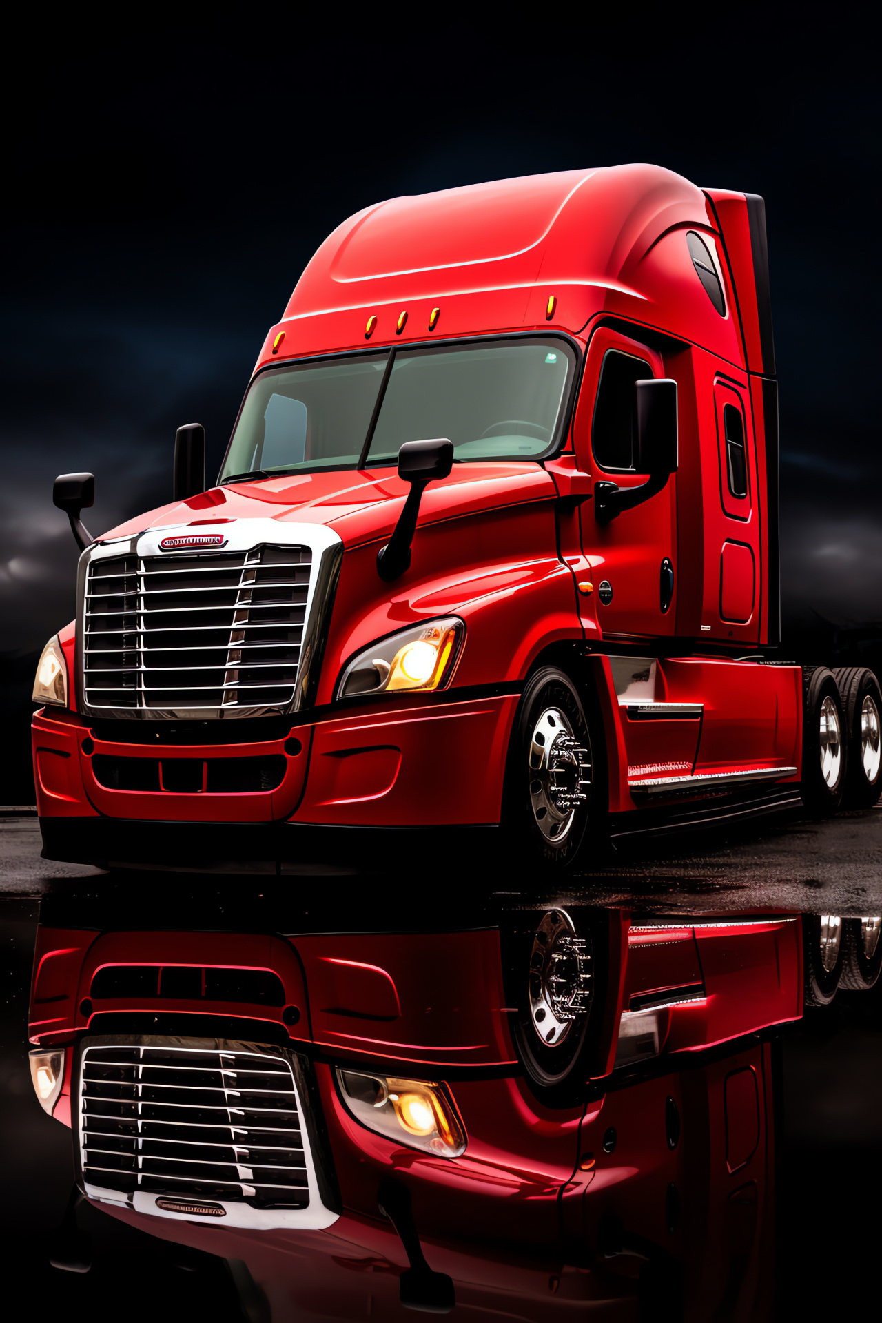 Freightliner Cascadia Evolution display, Big rig grandeur, Striking hue, Monochrome background, Long haul icon, HD Phone Image