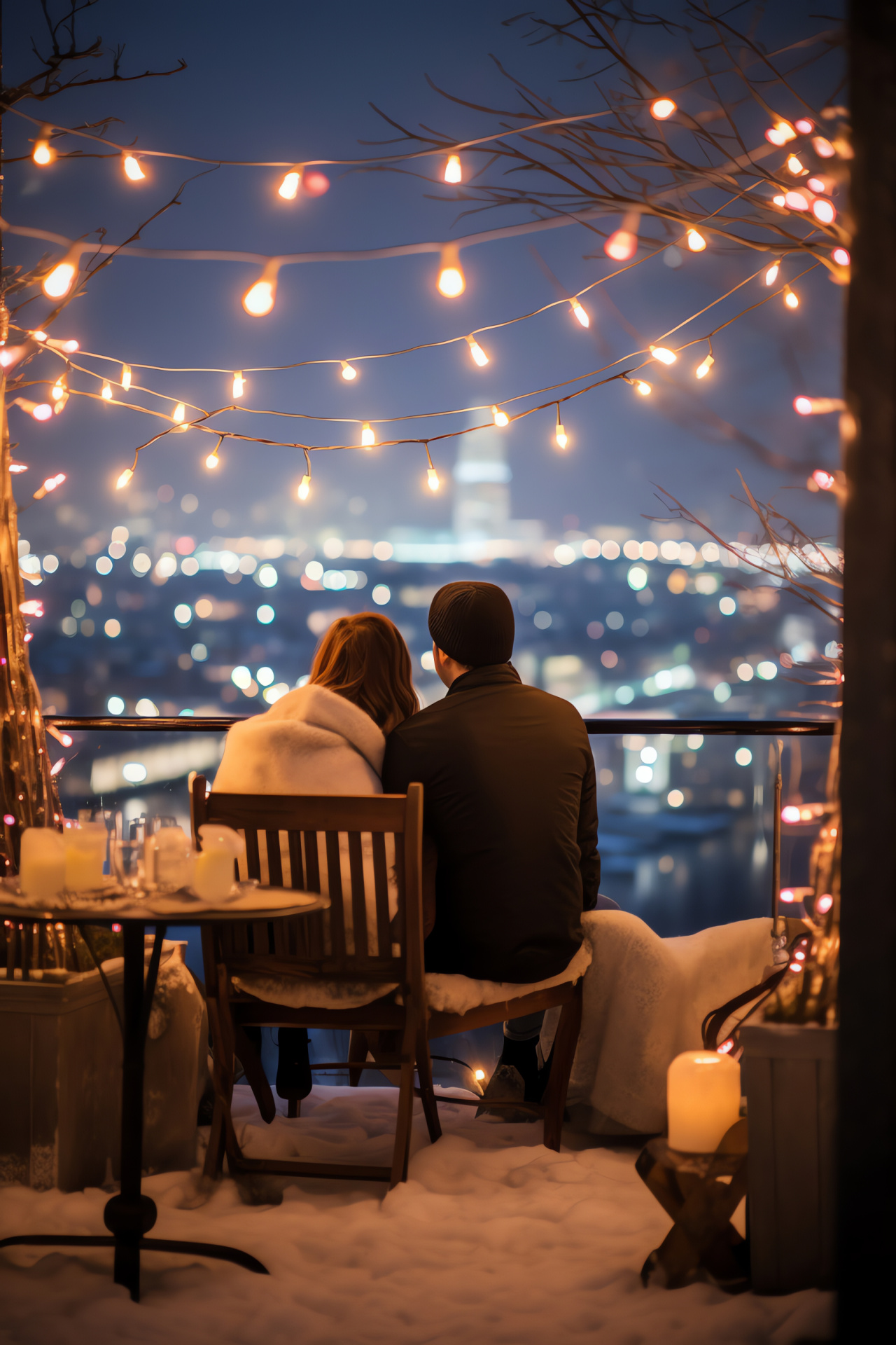 Frosty rooftop terrace brilliantly lit by white Christmas lights, enchanting holiday aura, ethereal evening brightness, HD Phone Image