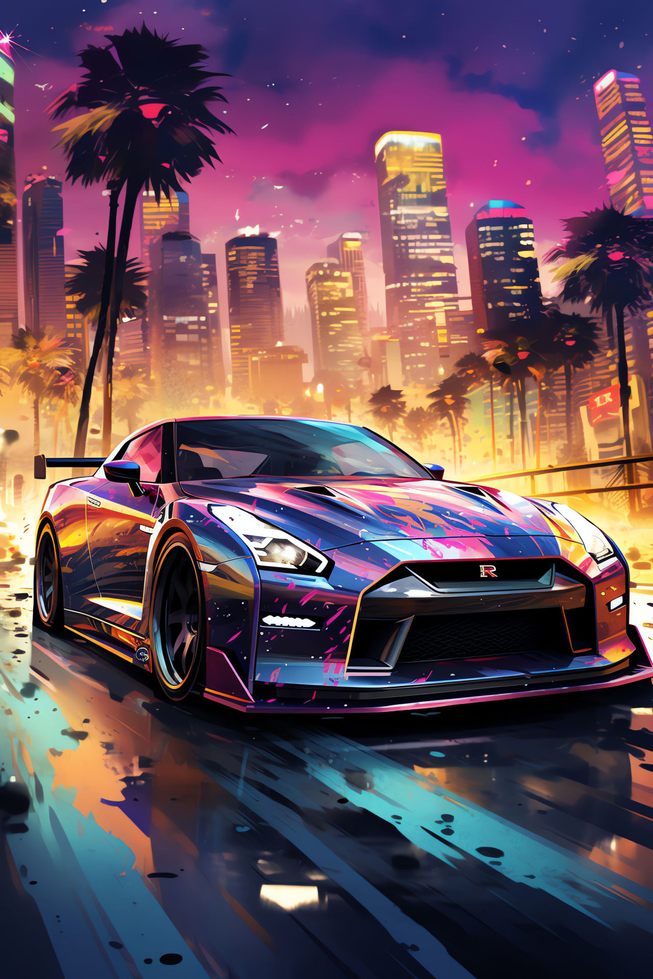 Nissan GTR against cyberdelic landscape, Eccentric city environment, Futuristic automotive presence, Digital art expression, Urban vibrancy, HD Phone Wallpaper