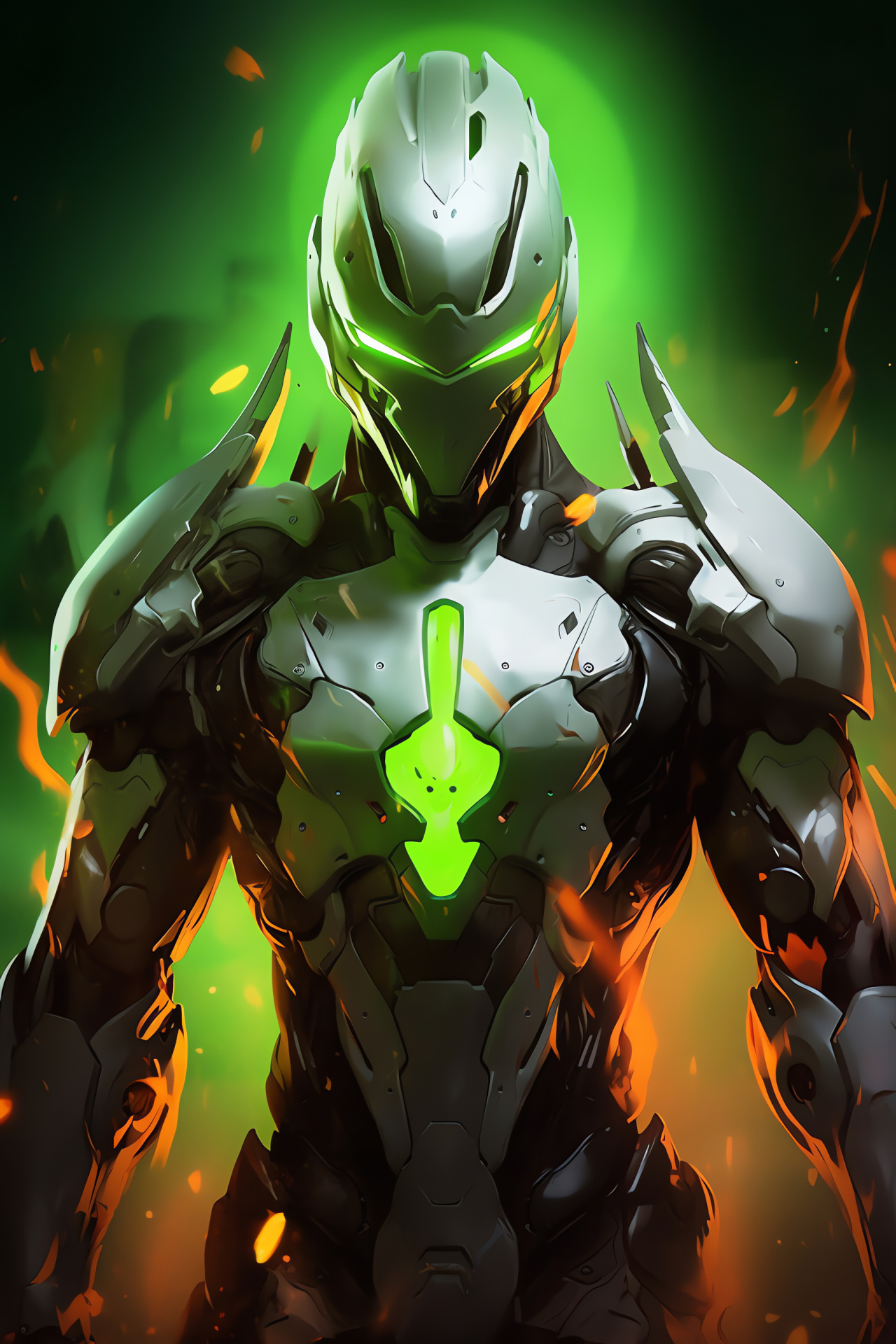 Glowing-eyed cyborg ninja, Genji's sharp weapon, Overwatch character art, Wide composition in gaming, Overwatch aesthetic, HD Phone Wallpaper