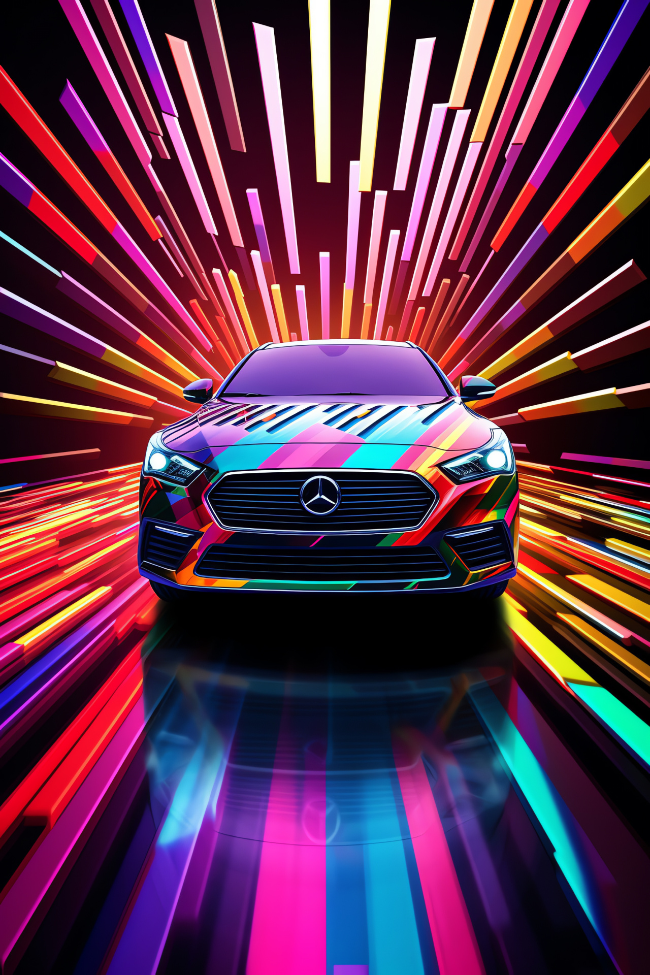 Neon car showcase, abstract geometry setting, elevated perspective, luminous detailing, auto display, HD Phone Image