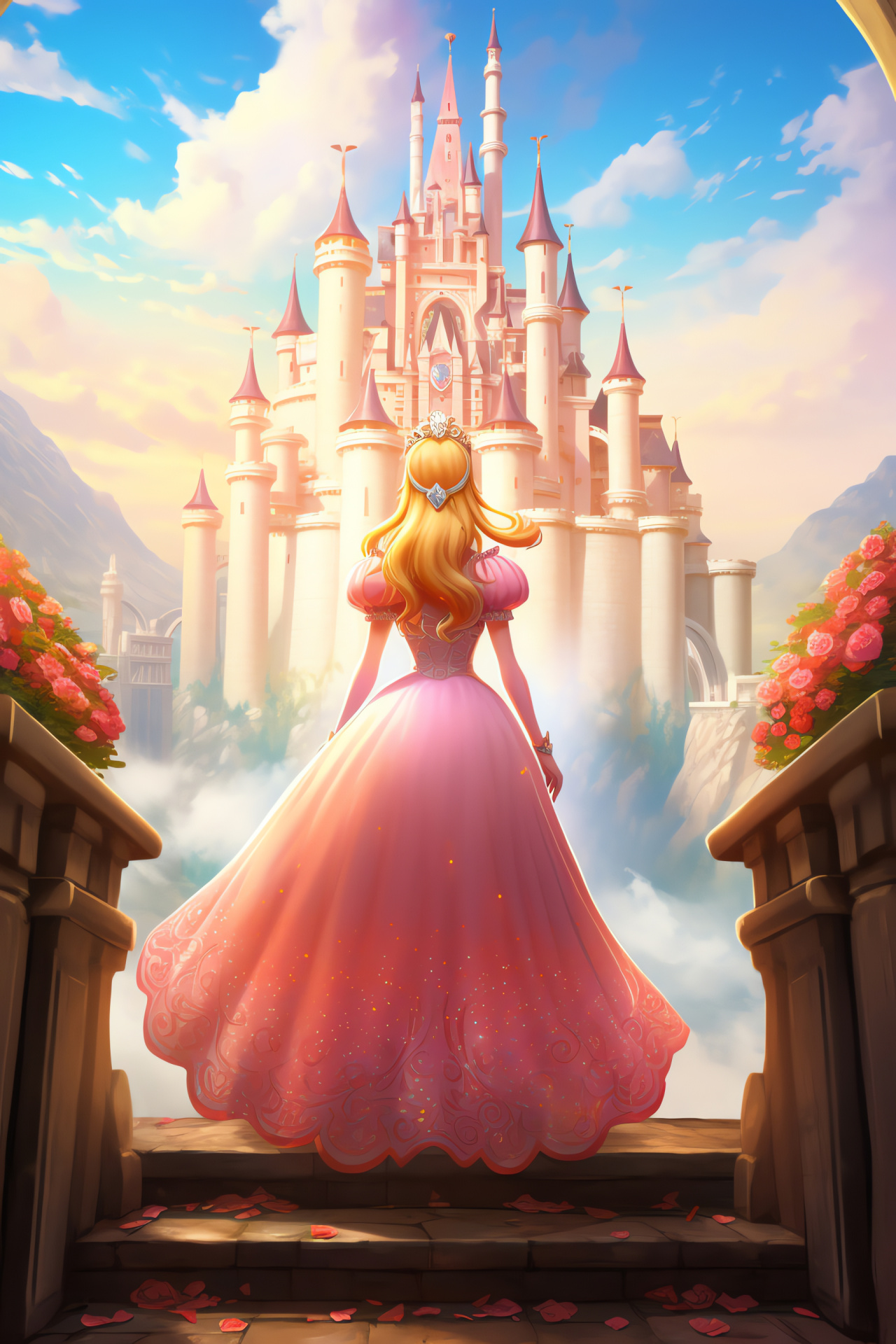 Princess Peach character, Mario series, Mushroom Kingdom royalty, Peach's castle, Elegant fashion, HD Phone Image