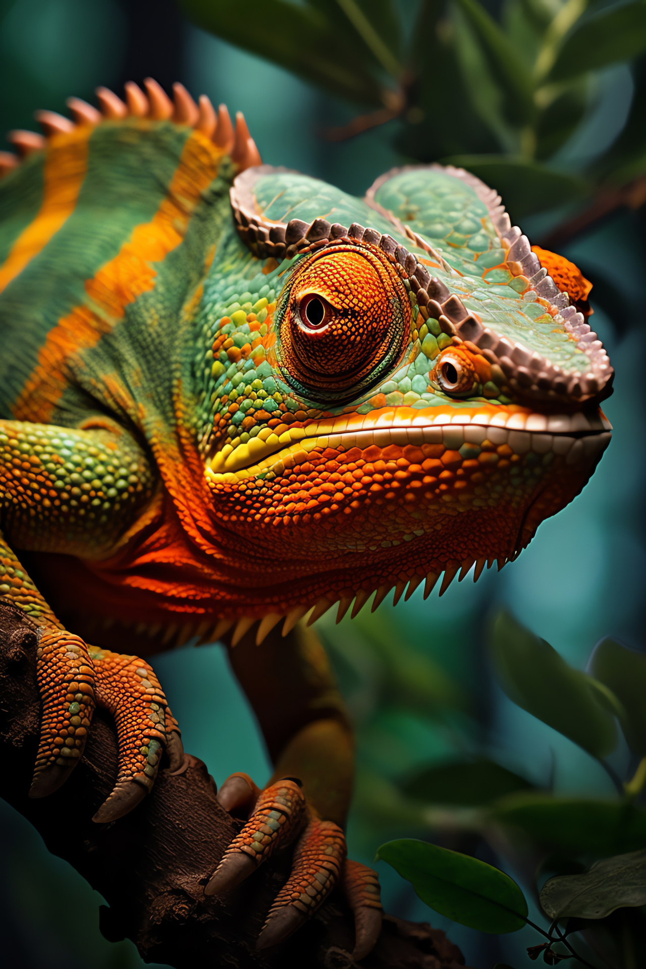 Chameleon presence, forest habitat, textured camouflage, amber vision, tropical climate, HD Phone Wallpaper