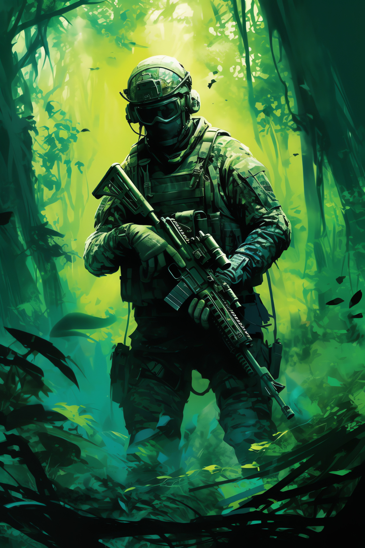 Ghost character in woodlands, MP5 accuracy, military operator, covert woodland activity, vigilance ambiance, HD Phone Wallpaper