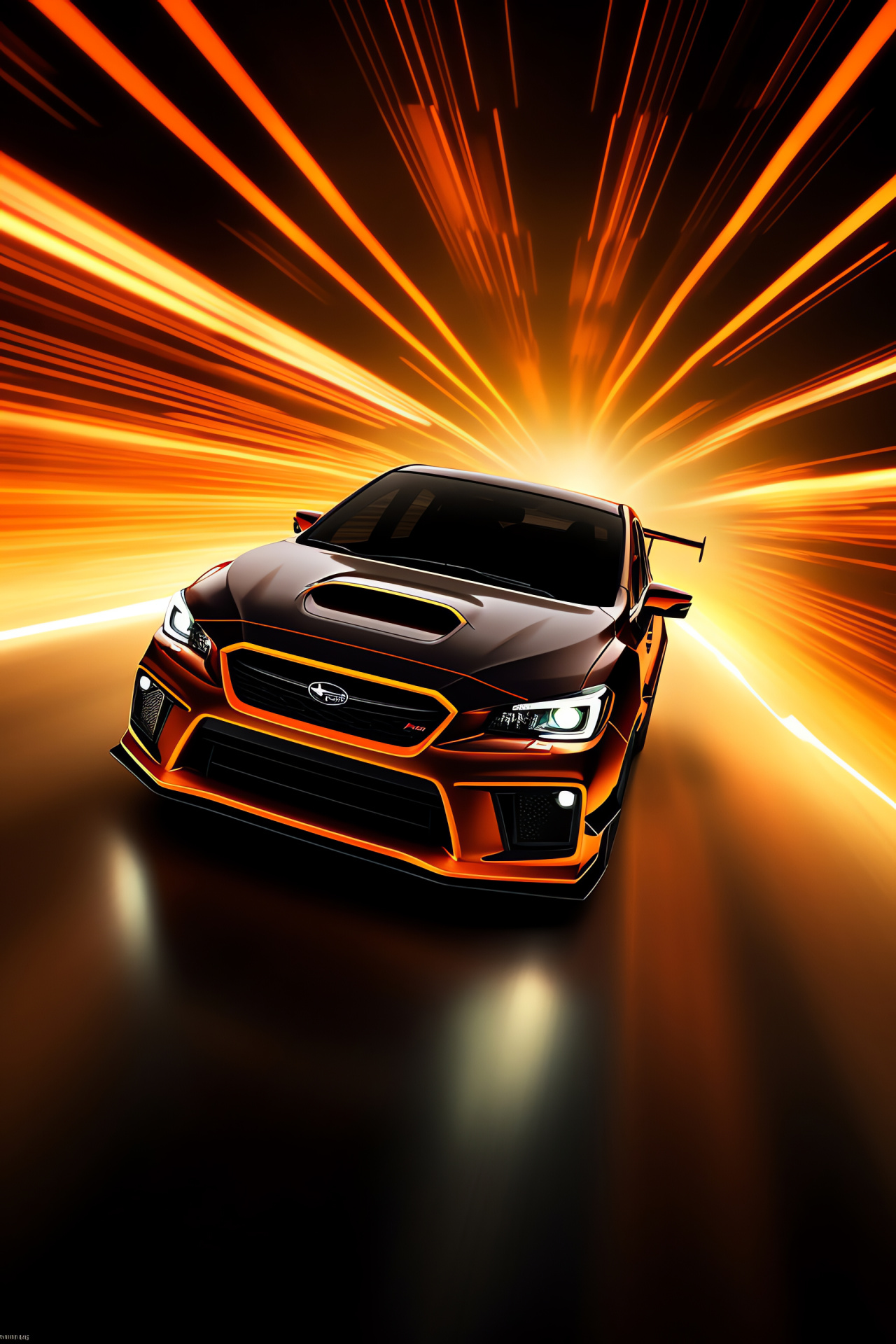 Subaru WRX STI model, vehicle high-angle stance, glowing line background, orange and black spectrum, HD Phone Image