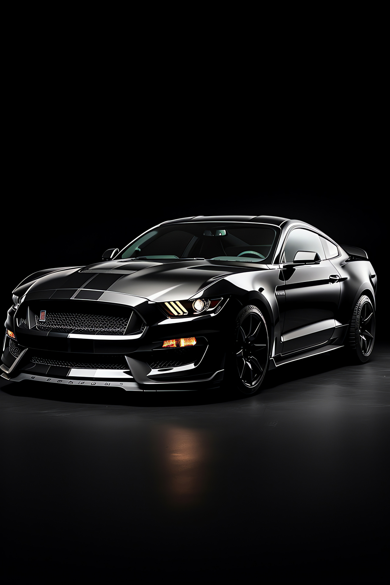 Mustang GT350 model, Black backdrop showcase, High viewpoint, Strong visual contrast, Classic car beauty, HD Phone Image