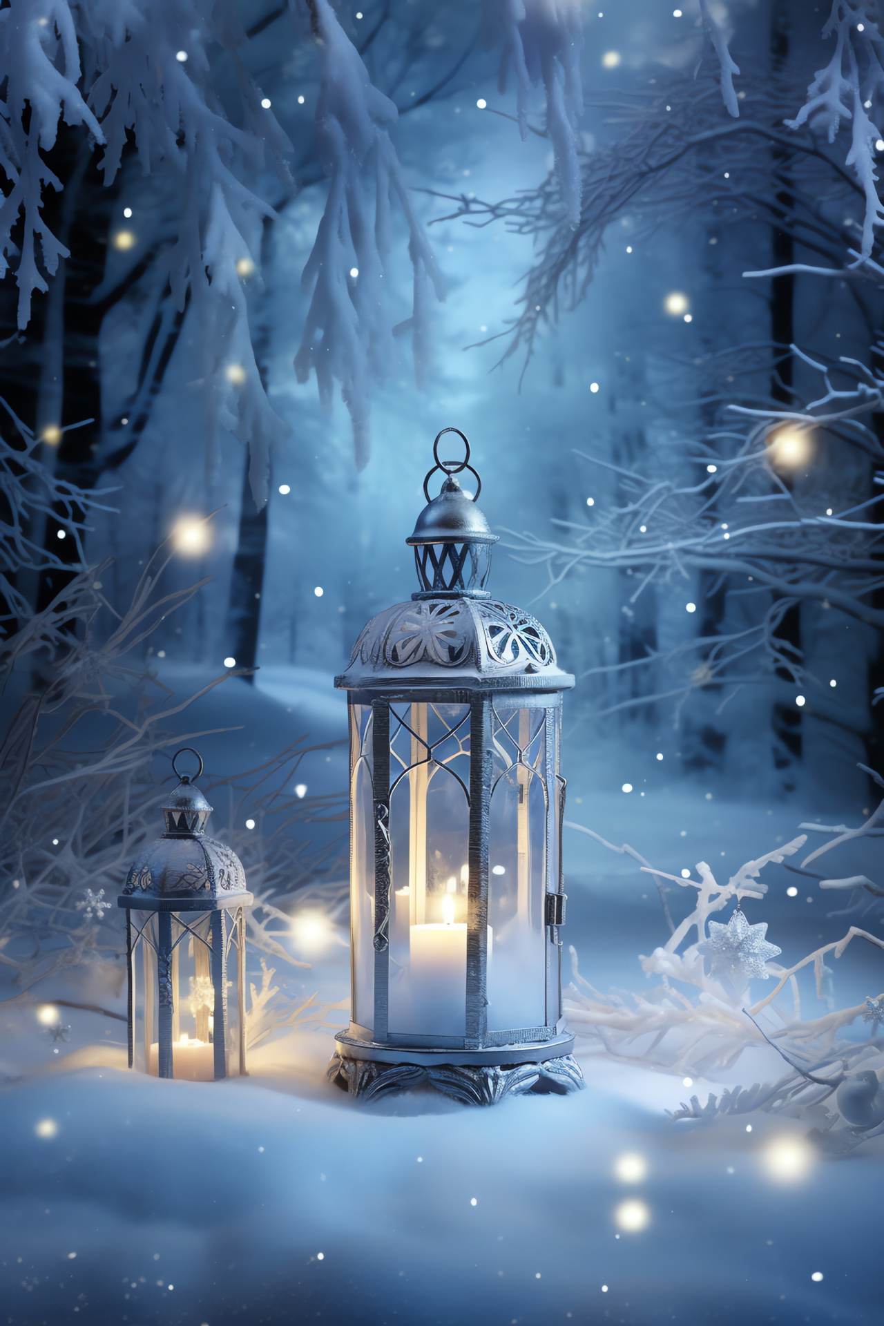 Enchanted festive woods, whimsical Yule setting, seasonal forest illumination, mystical winter night, lantern-lit trees, HD Phone Image