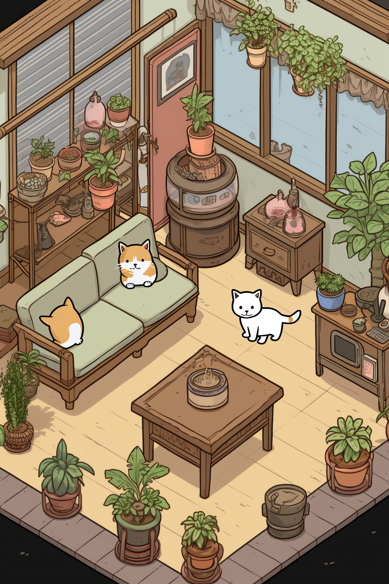 Neko Atsume app, Virtual pet cafe, Nostalgic design, Whimsical decor, Interactive gameplay, HD Phone Image