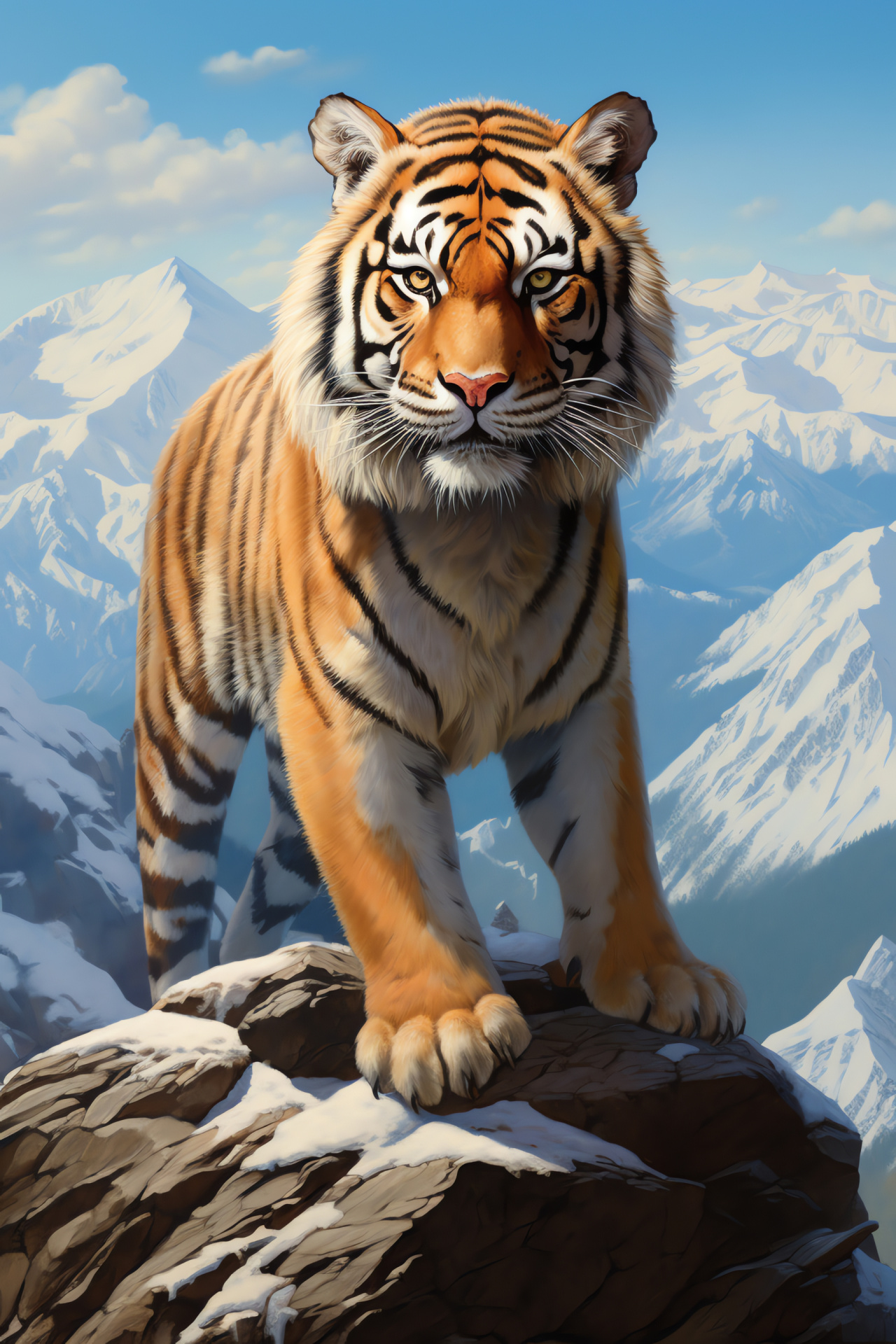 Snow Tiger, Golden eyes, Striped coat, Mountain habitat, Wild feline, HD Phone Image