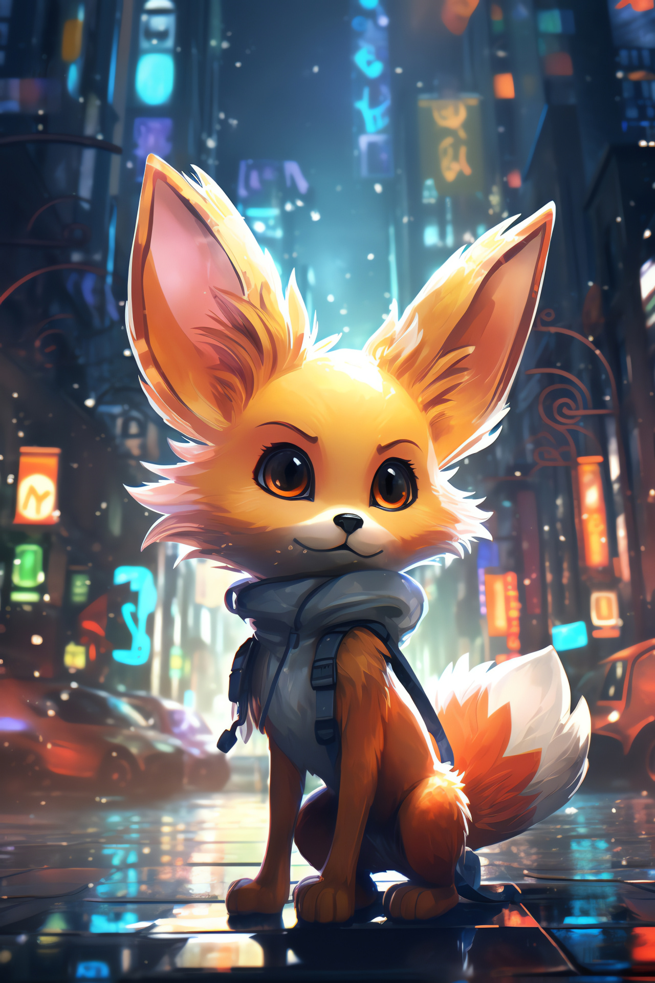 Pokemon realism, Fennekin shape, metropolis hustle, dense populace, vivid marquees, HD Phone Image