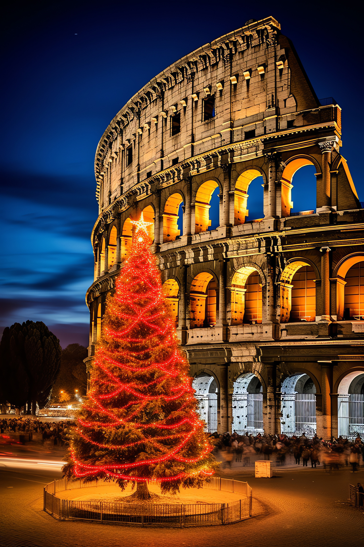 Roman holiday landmarks, Italian Christmas setting, Ancient amphitheater, Decoration string lights, Winter festivity, HD Phone Image