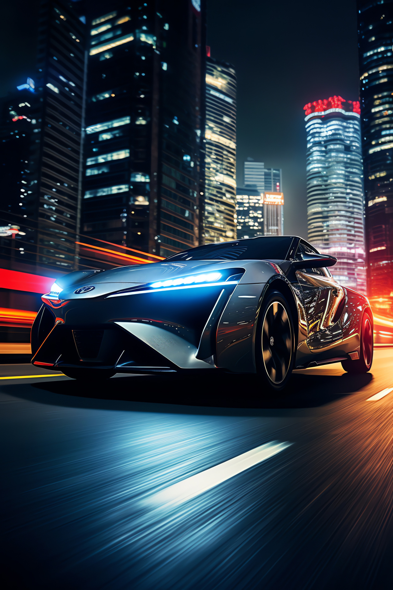 Toyota innovative vehicle, TRD Mirai hydrogen concept, cityscape technology, eco-friendly propulsion, lighted urban environment, HD Phone Image