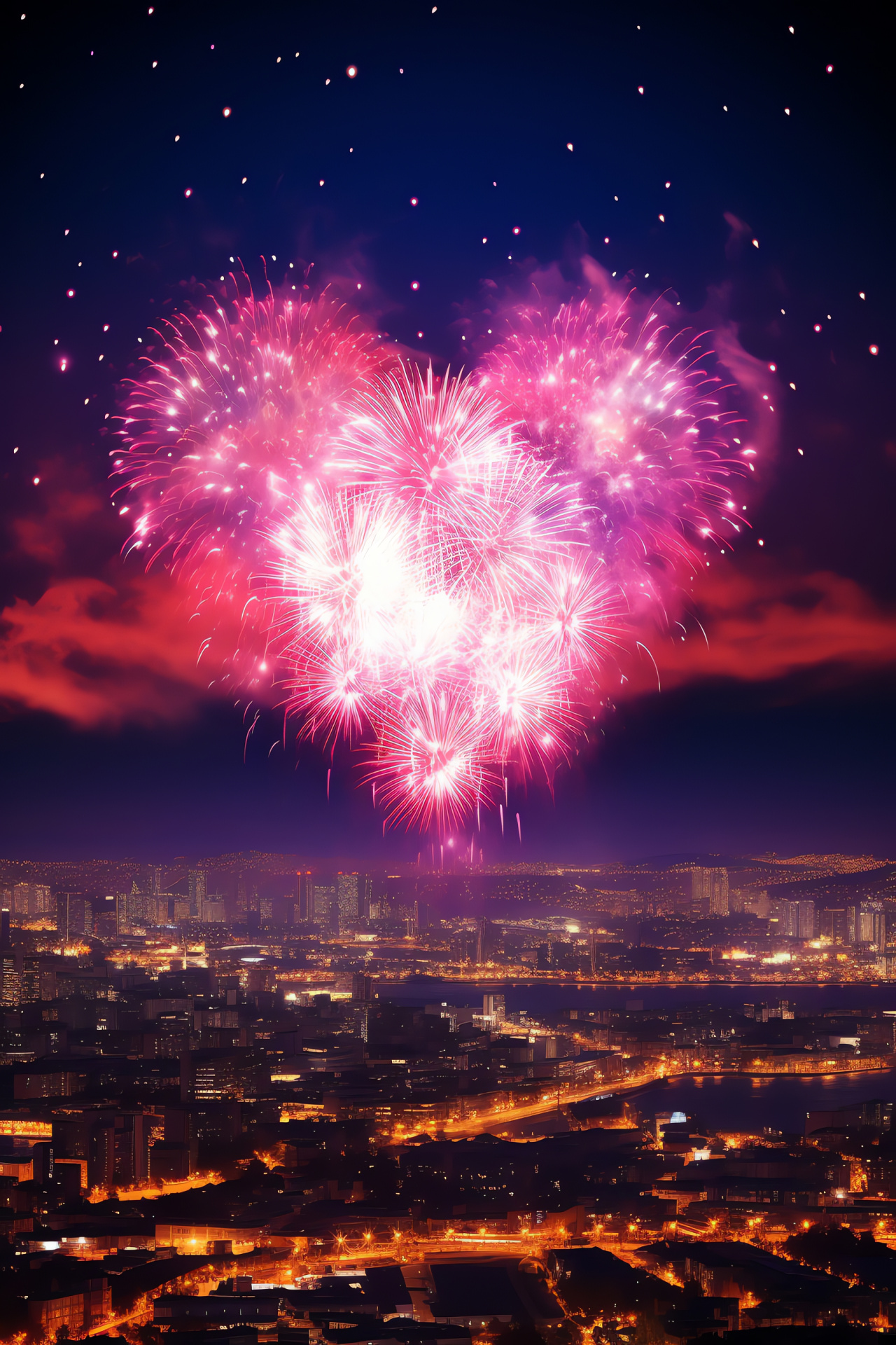 Hearty celebration, Sky illuminations, Evening cityscape, Joyous festival, Spectrum displays, HD Phone Image