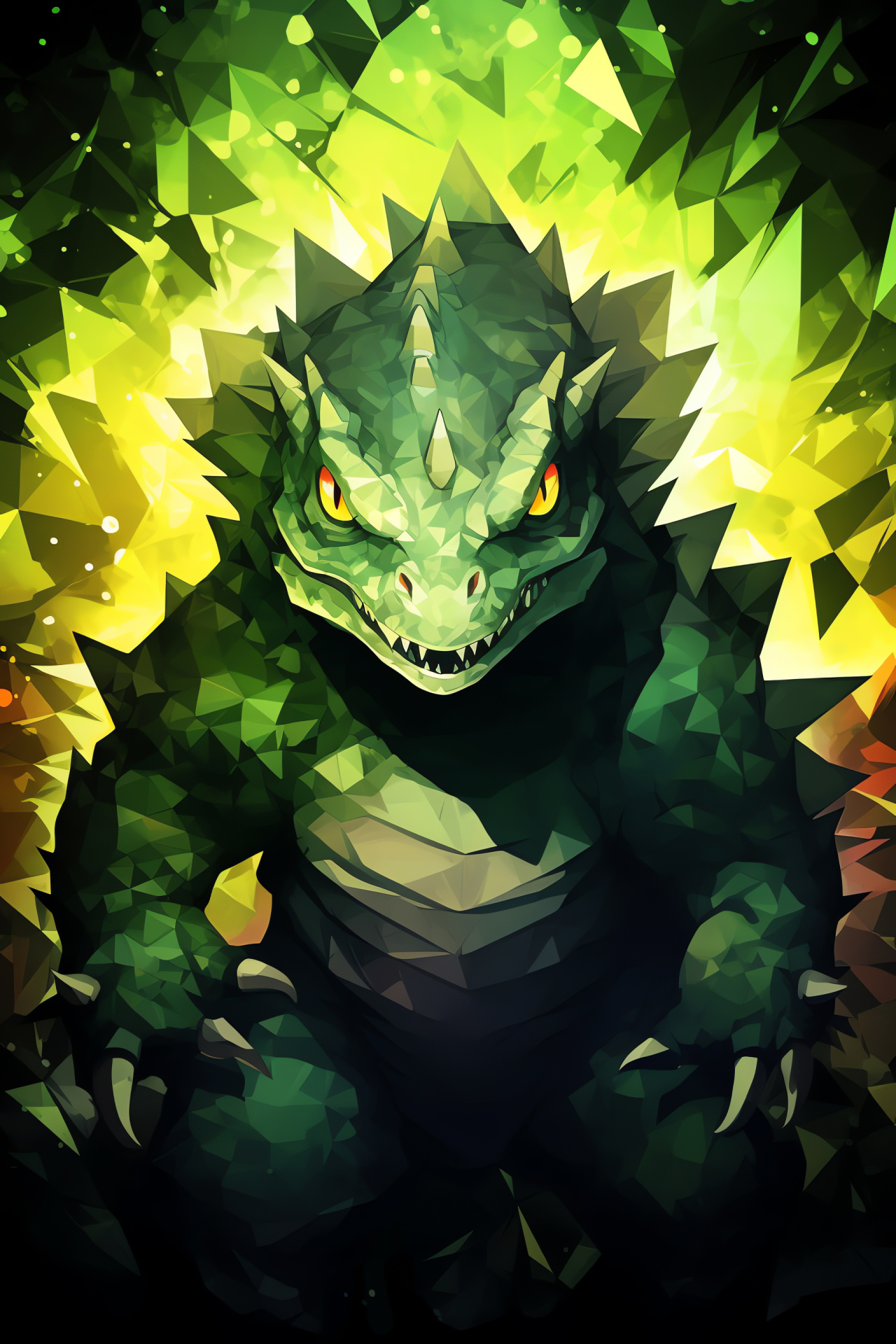 Pokemon Tyranitar, captivating geometric background, rich viridian hue, colorful presence, baleful scarlet eyes, HD Phone Image