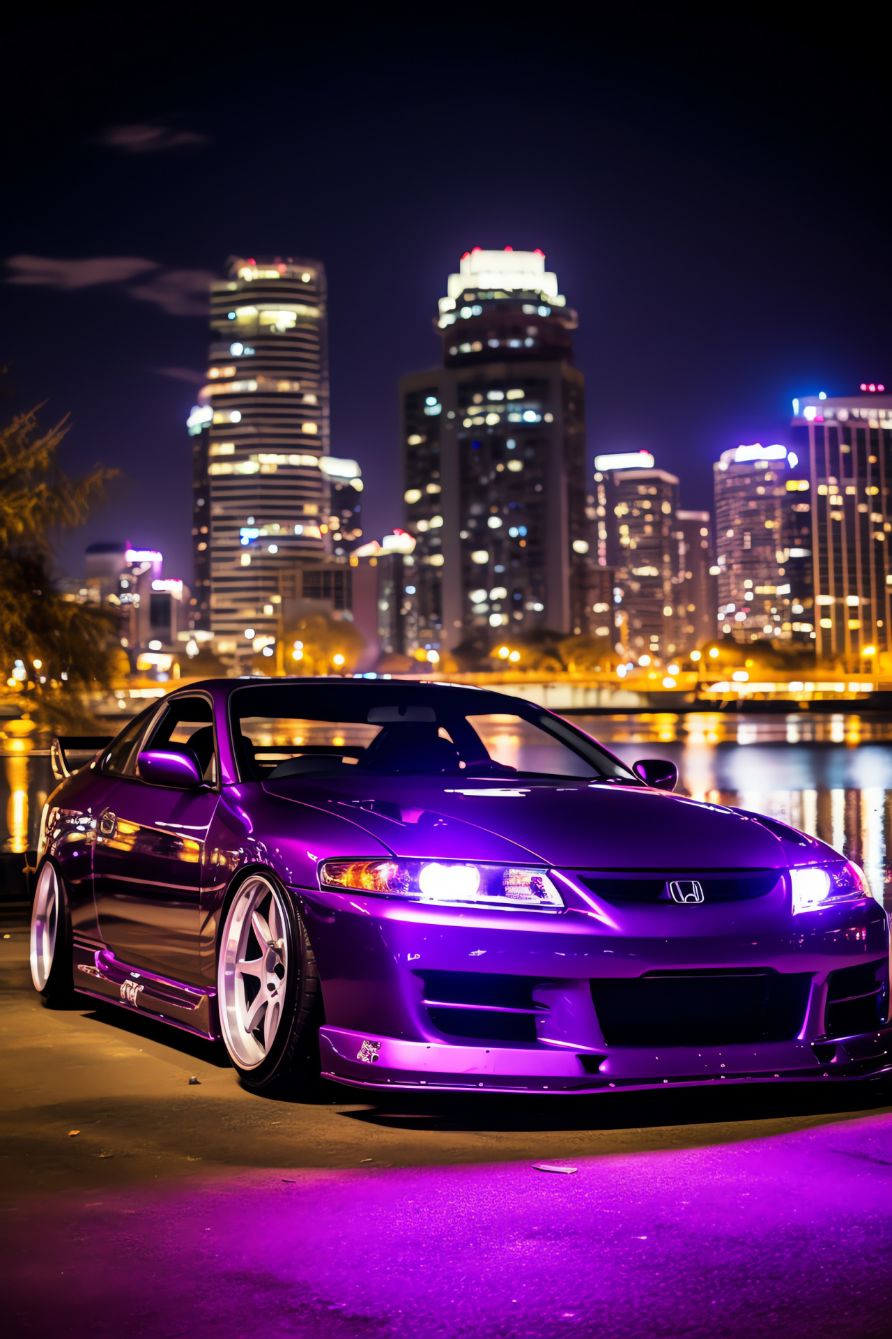 S15 Silvia night, Osaka urban setting, Japanese automotive tuning, Vivid purple hue, City landmarks backdrop, HD Phone Wallpaper