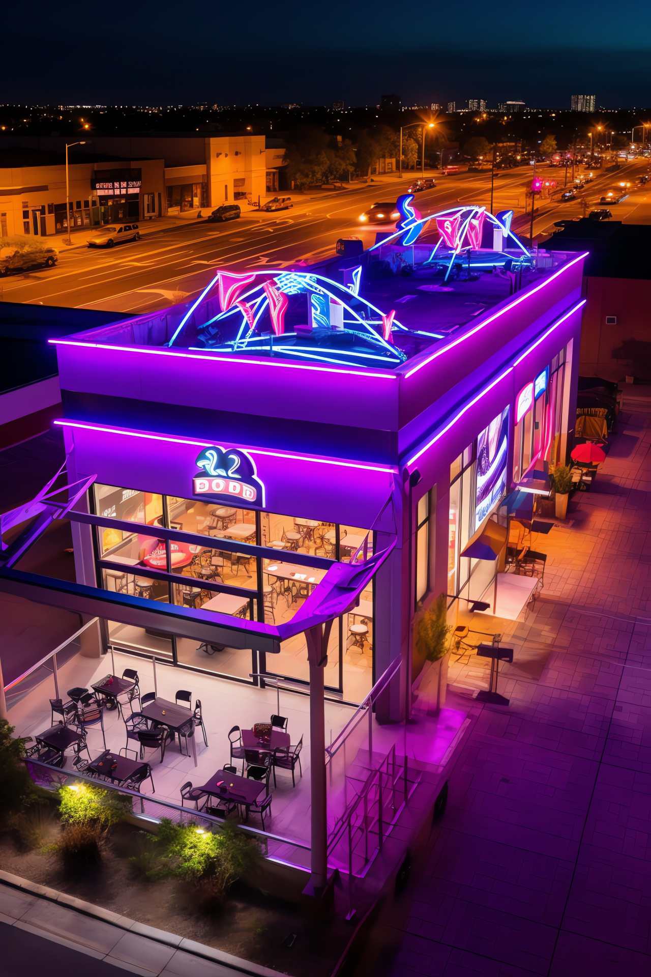 Taco Bell establishment, illuminated signage, urban landscape, overhead perspective, city lights, HD Phone Wallpaper