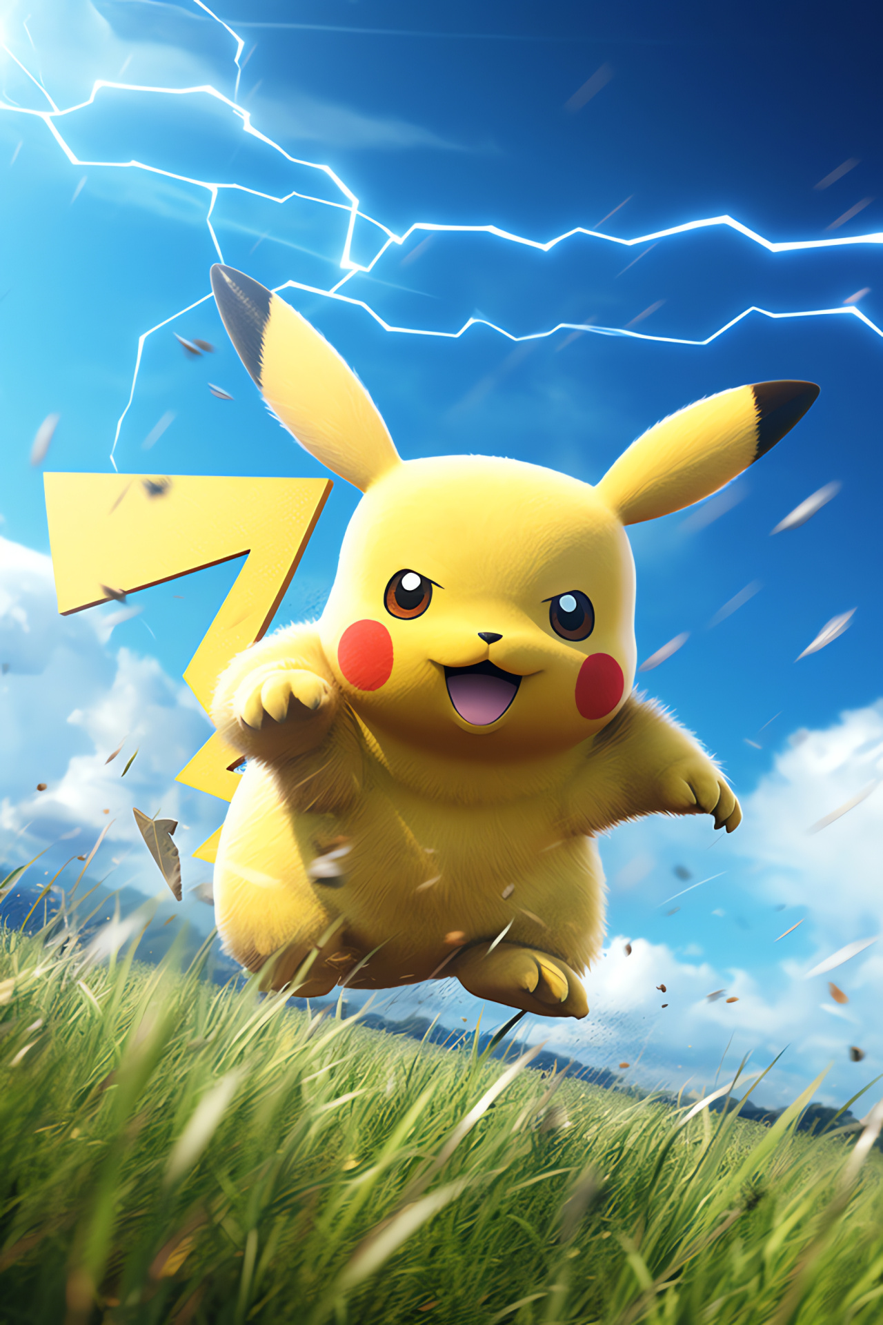 Pikachu with power, Outdoor Pokmon scene, Pokmon's iconic move, Green field habitat, Sky above Pikachu, HD Phone Image